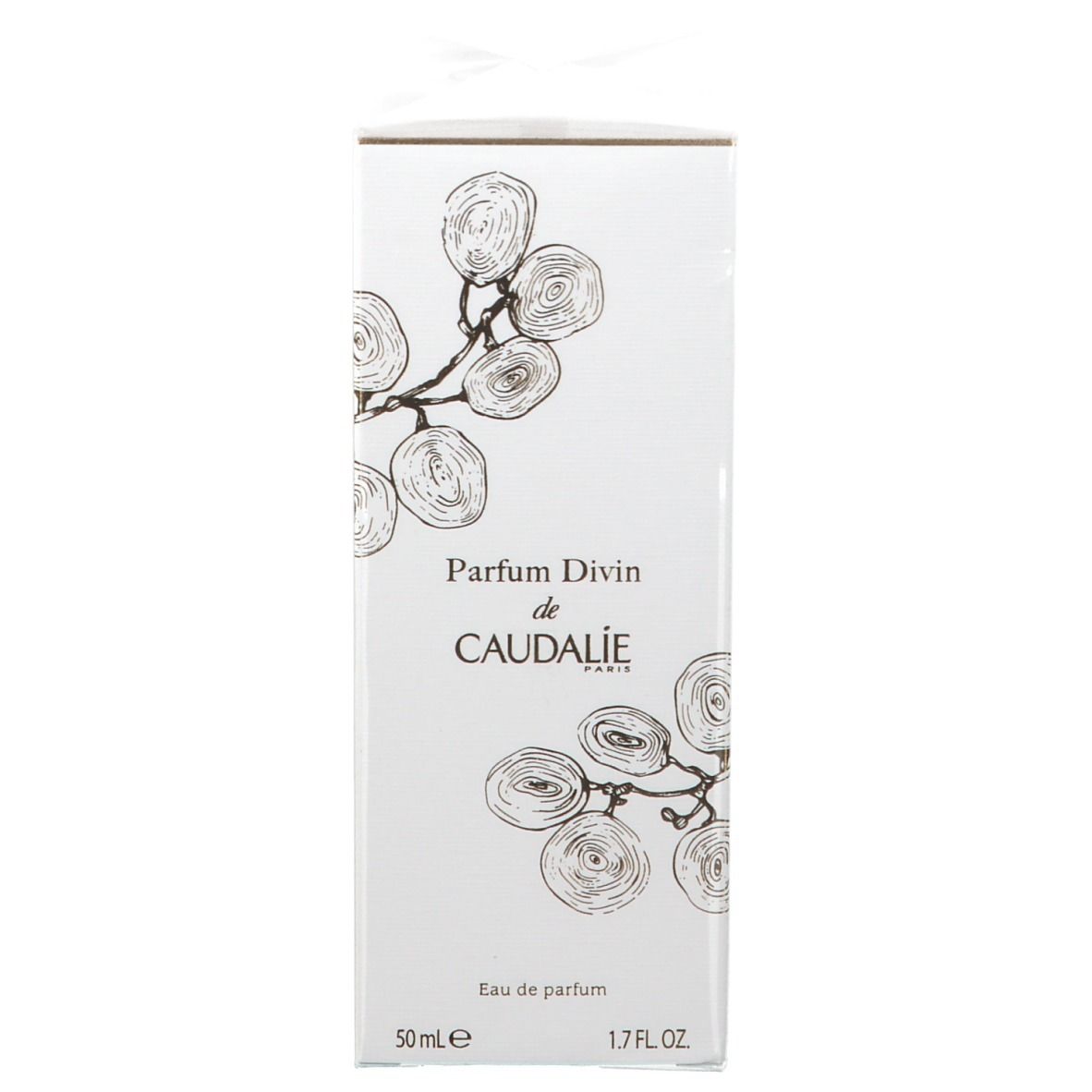 Scatola rettangolare bianca con tralci dorati. Scritta Parfum Divin de CAUDALIE.