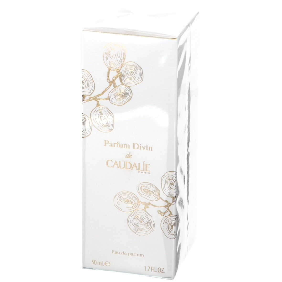 Scatola rettangolare bianca con tralci dorati. Scritta Parfum Divin de CAUDALIE.