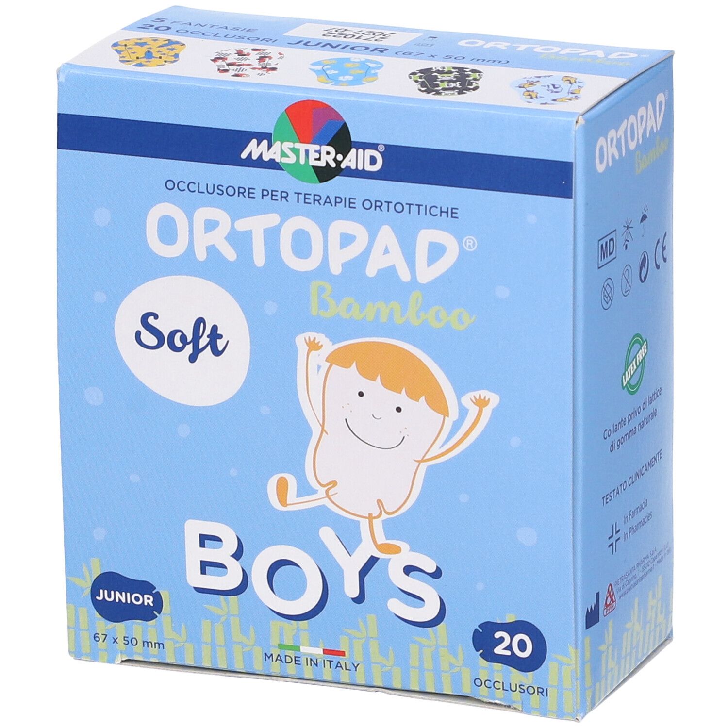 Blau-weiße Schachtel mit Aufdruck. Enthält 20 Augenpflaster für Jungen. Marke: Ortottica Ortopad Soft Bamboo.