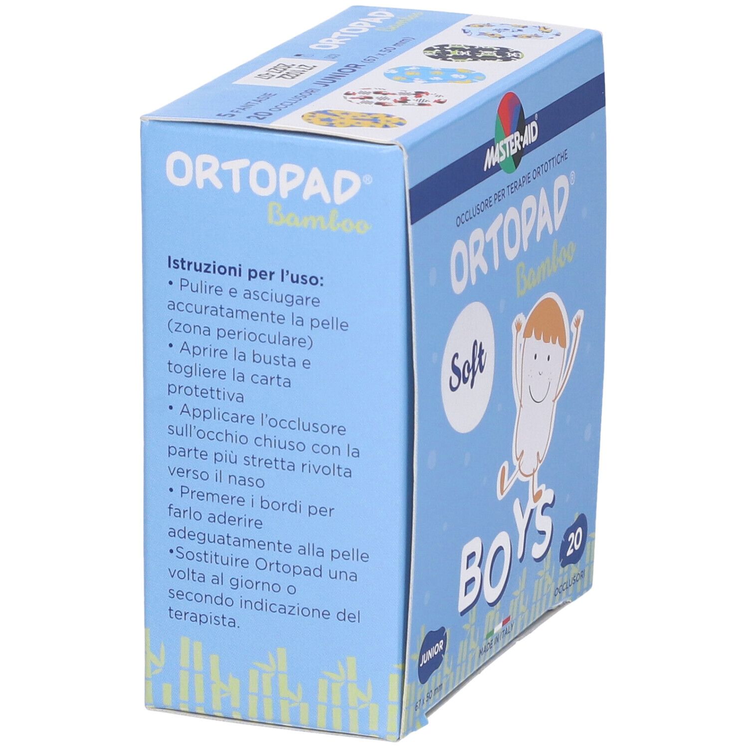 Blau-weiße Schachtel mit Aufdruck. Enthält 20 Augenpflaster für Jungen. Marke: Ortottica Ortopad Soft Bamboo.