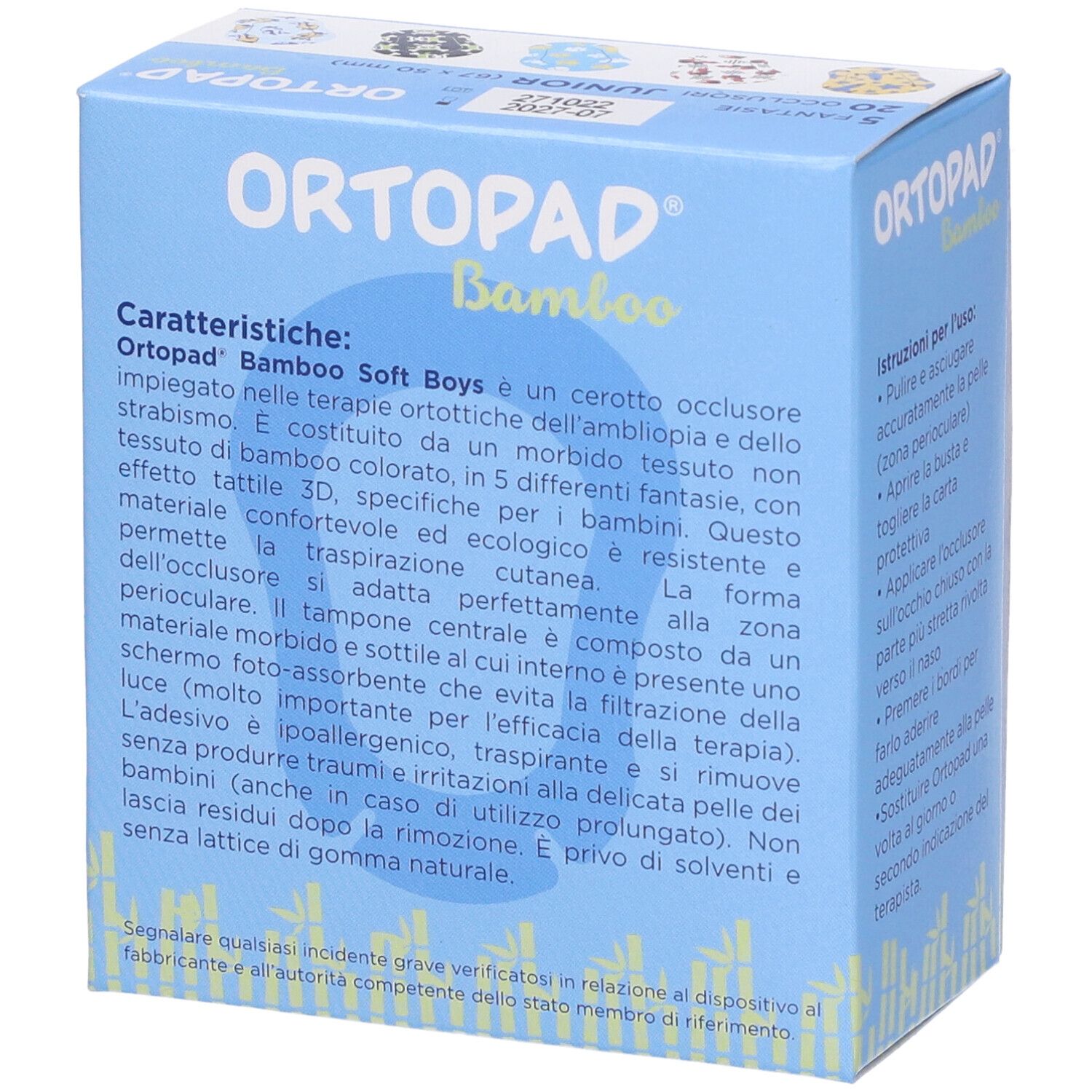 Blau-weiße Schachtel mit Aufdruck. Enthält 20 Augenpflaster für Jungen. Marke: Ortottica Ortopad Soft Bamboo.
