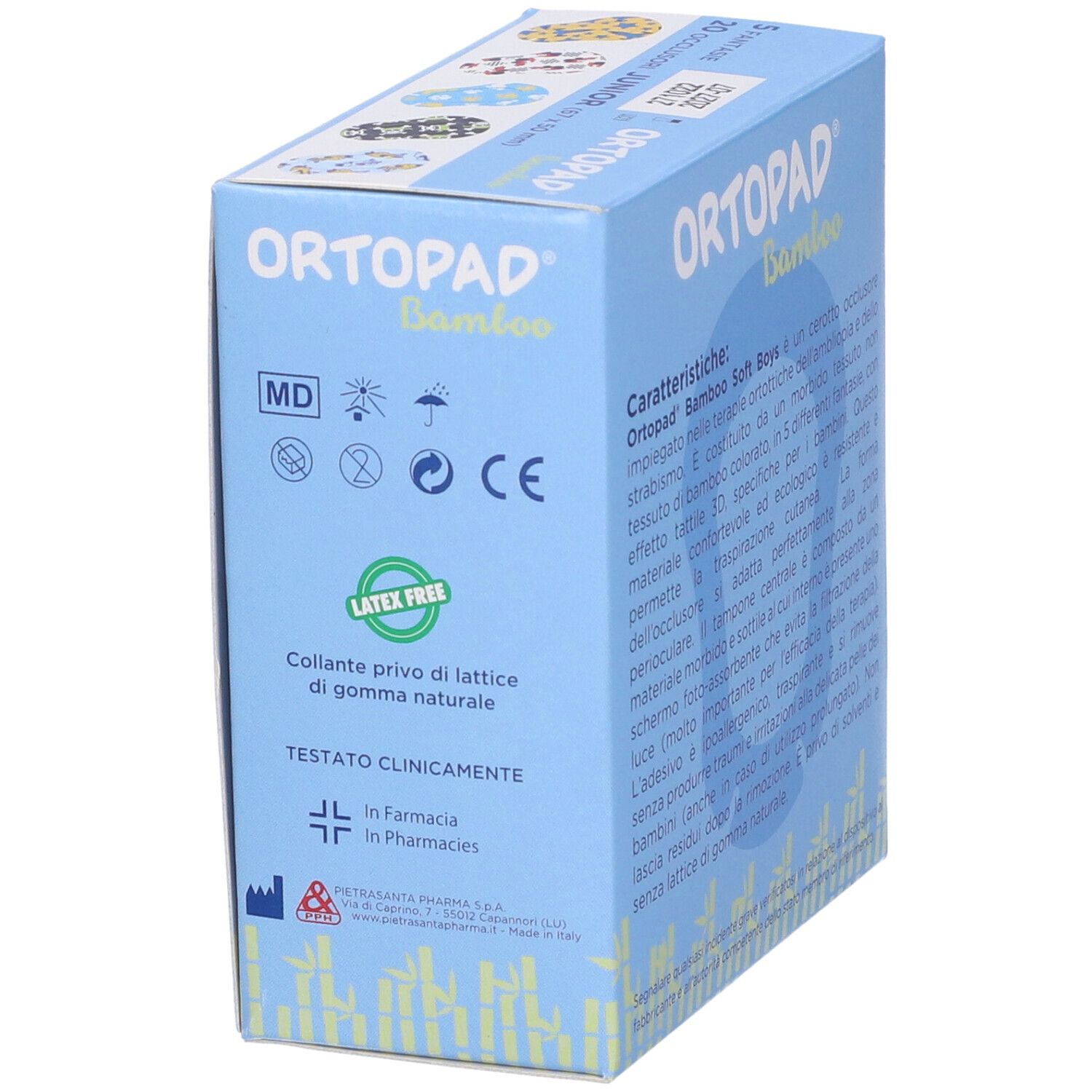 Blau-weiße Schachtel mit Aufdruck. Enthält 20 Augenpflaster für Jungen. Marke: Ortottica Ortopad Soft Bamboo.
