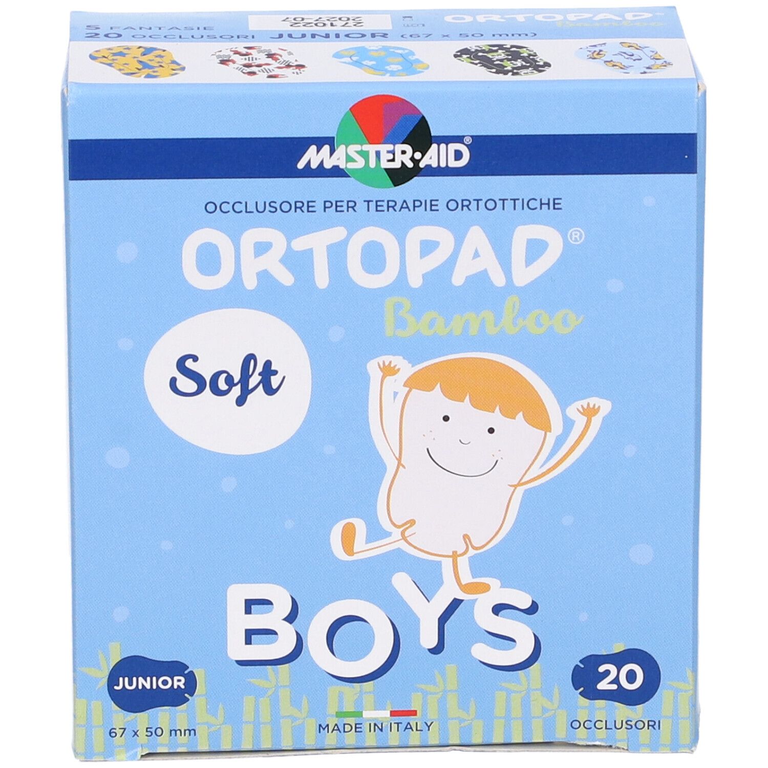 Blau-weiße Schachtel mit Aufdruck. Enthält 20 Augenpflaster für Jungen. Marke: Ortottica Ortopad Soft Bamboo.