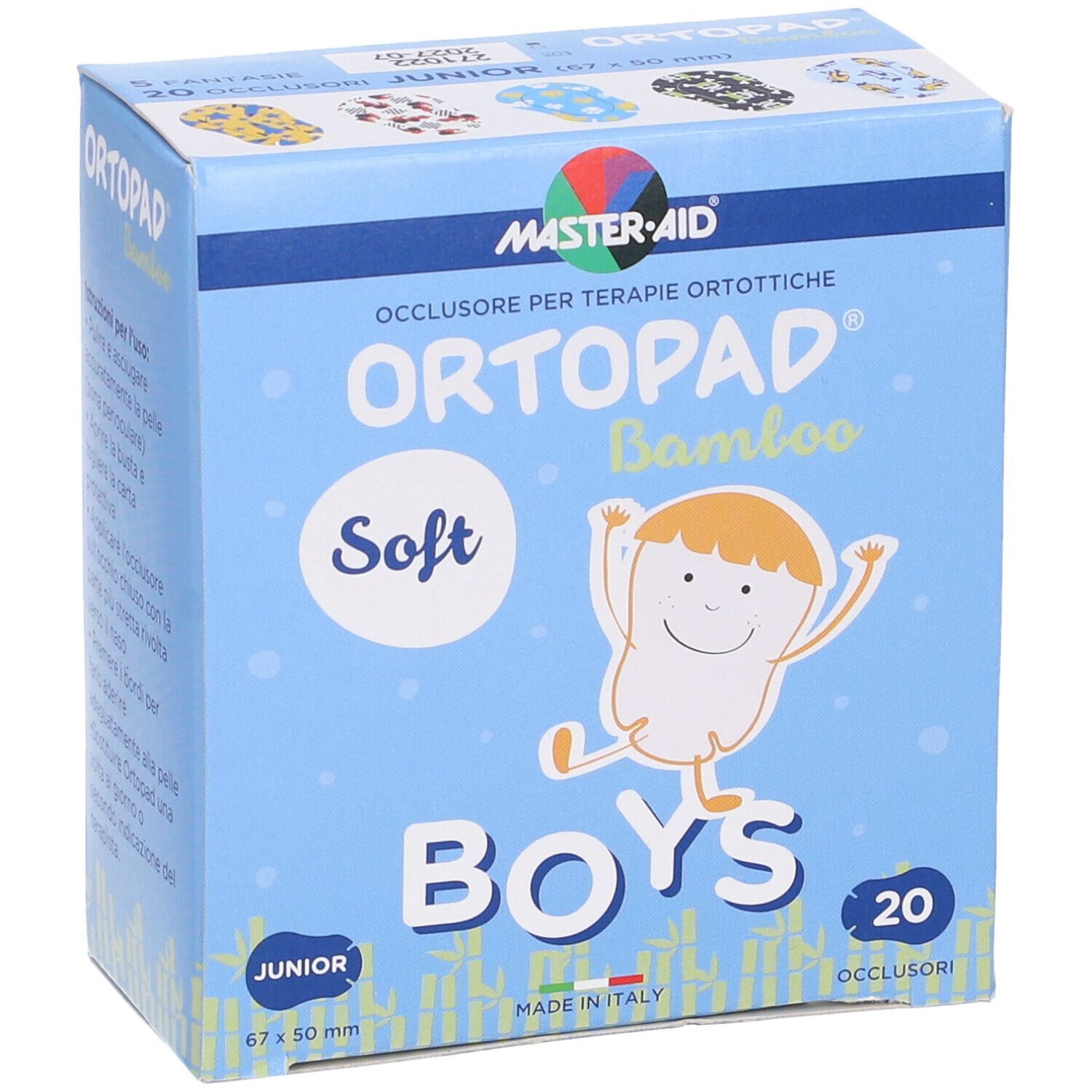 Blau-weiße Schachtel mit Aufdruck. Enthält 20 Augenpflaster für Jungen. Marke: Ortottica Ortopad Soft Bamboo.