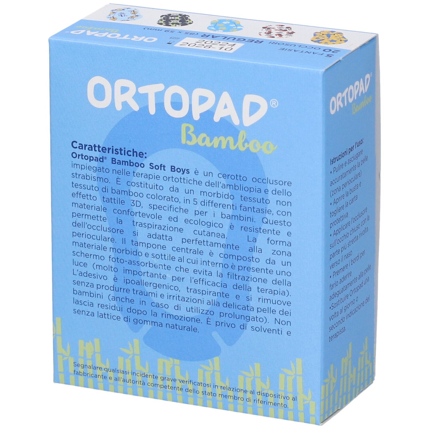 Blaue Schachtel mit Augenpflastern. Aufschrift: ORTOPAD Bamboo Soft Boys. Text über Eigenschaften und Inhaltsstoffe.