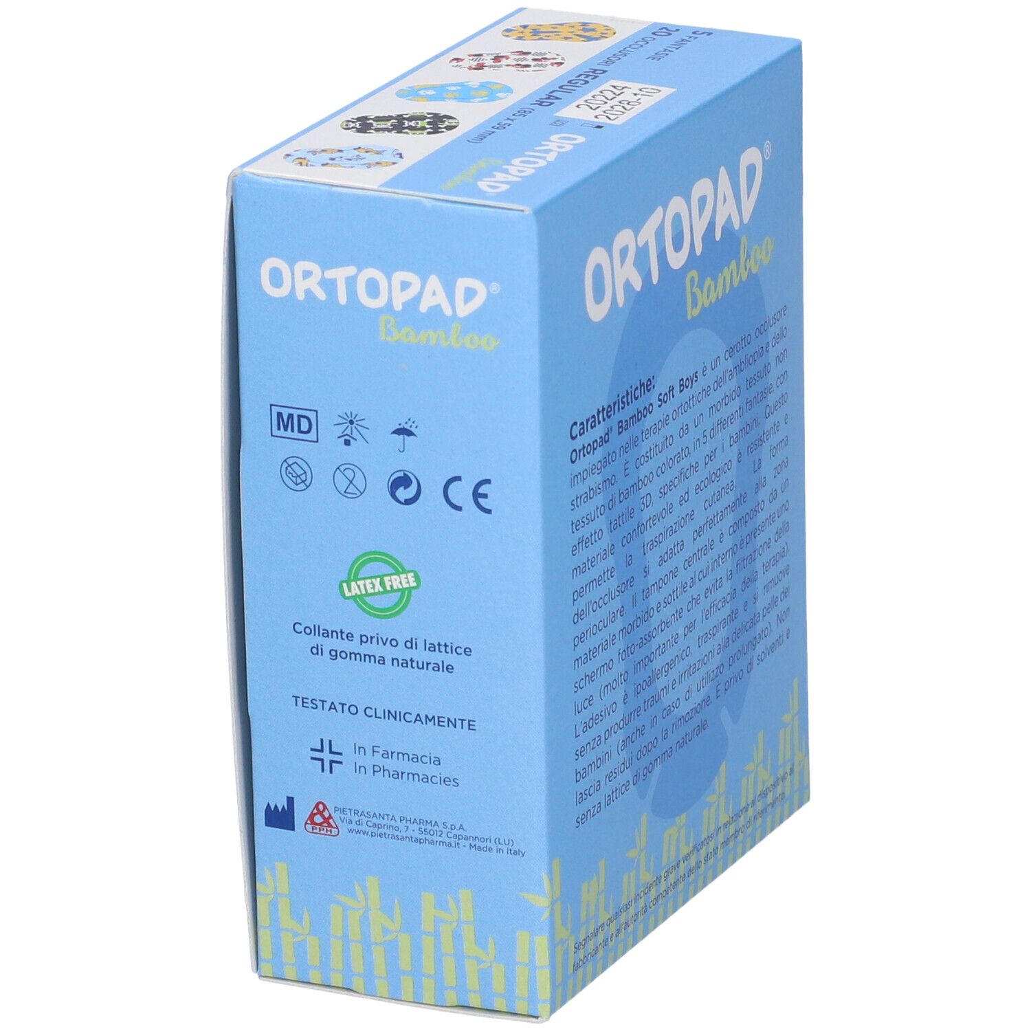 Blaue Schachtel mit Augenpflastern. Aufschrift: ORTOPAD Bamboo Soft Boys. Logos und Zertifizierungen.
