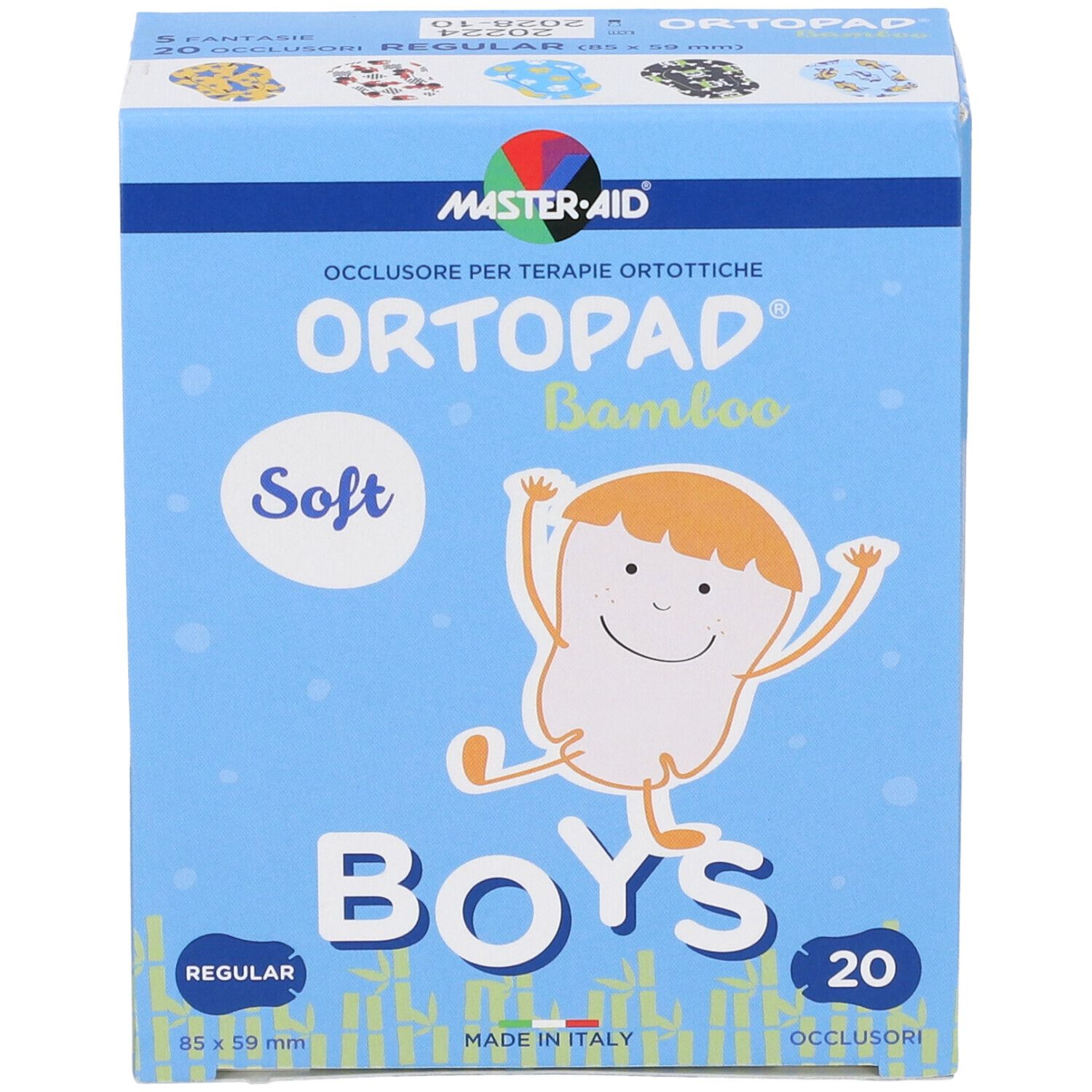 Blaue Schachtel mit Augenpflastern. Aufschrift: ORTOPAD Bamboo Soft Boys, 20 Stück. Größe: 85 x 59 mm.