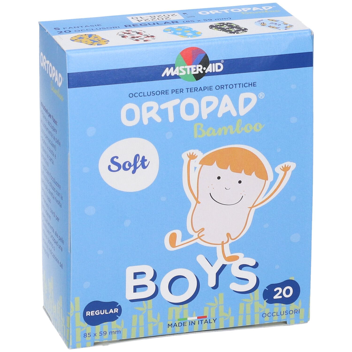 Blaue Schachtel mit Augenpflastern. Aufschrift: ORTOPAD Bamboo Soft Boys, 20 Stück. Größe: 85 x 59 mm.