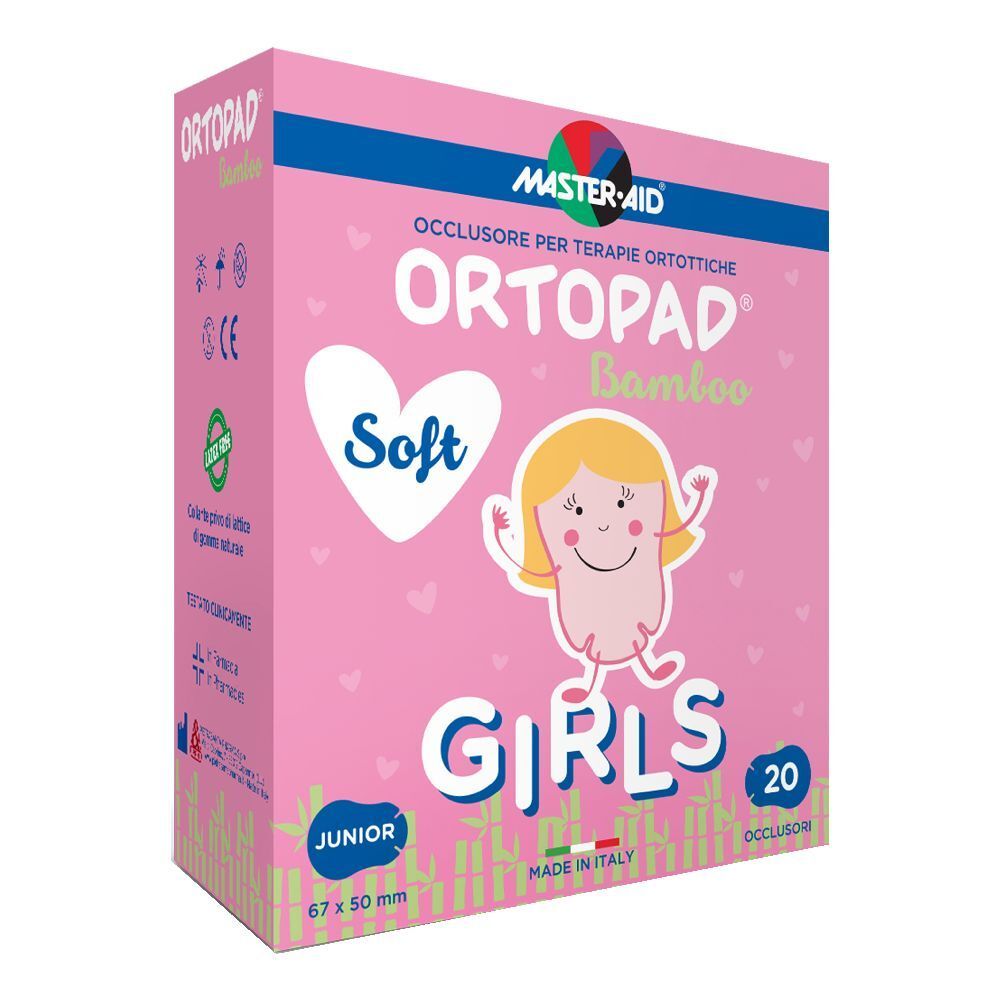 Confezione rosa ORTOPAD, MASTER-AID, Soft, Girls, Junior. Contiene 20 cerotti occlusivi. Dimensioni: 67 x 50 mm. Prodotto in Italia.