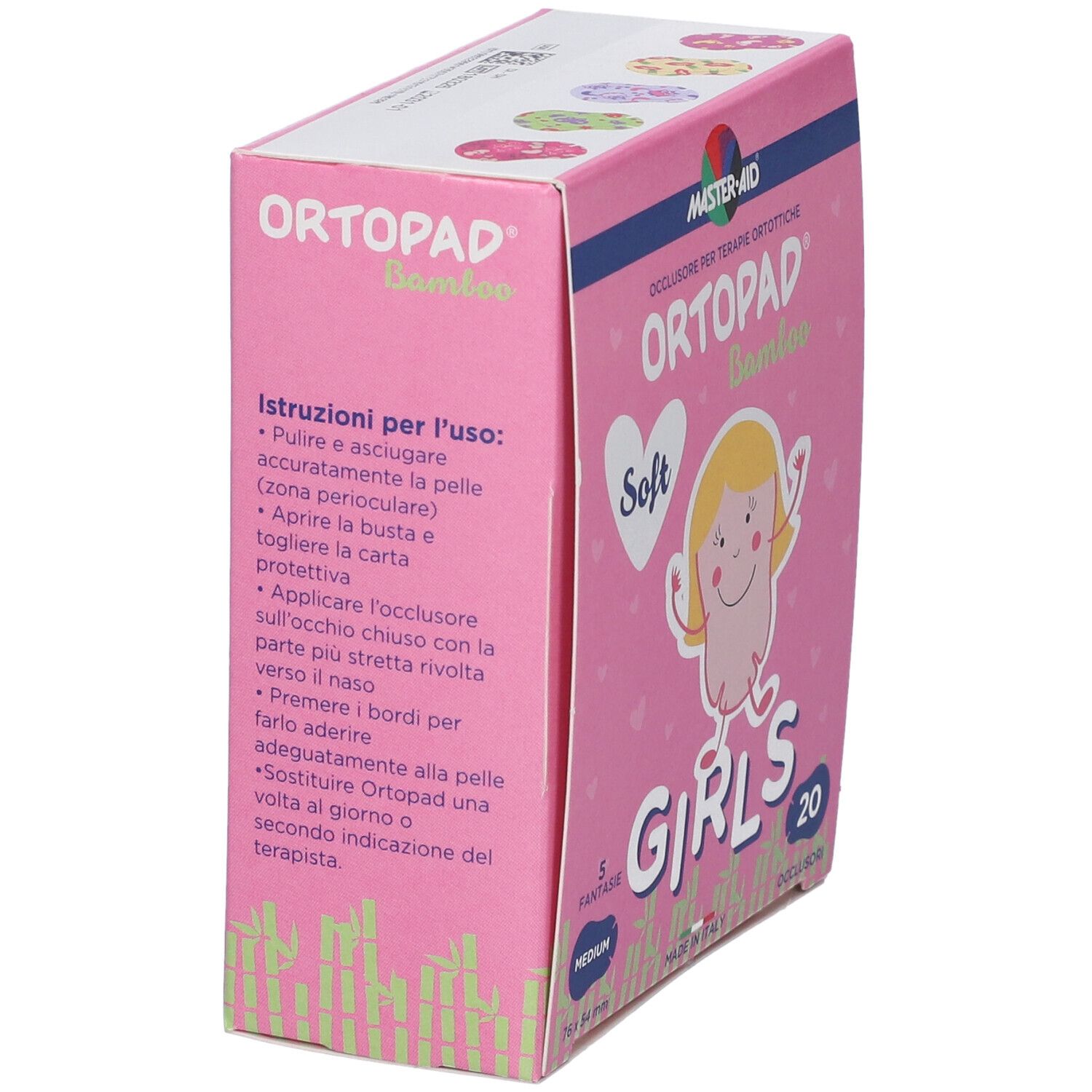 Verpackung für Augenpflaster für Kinder, rosa mit bunten Motiven.