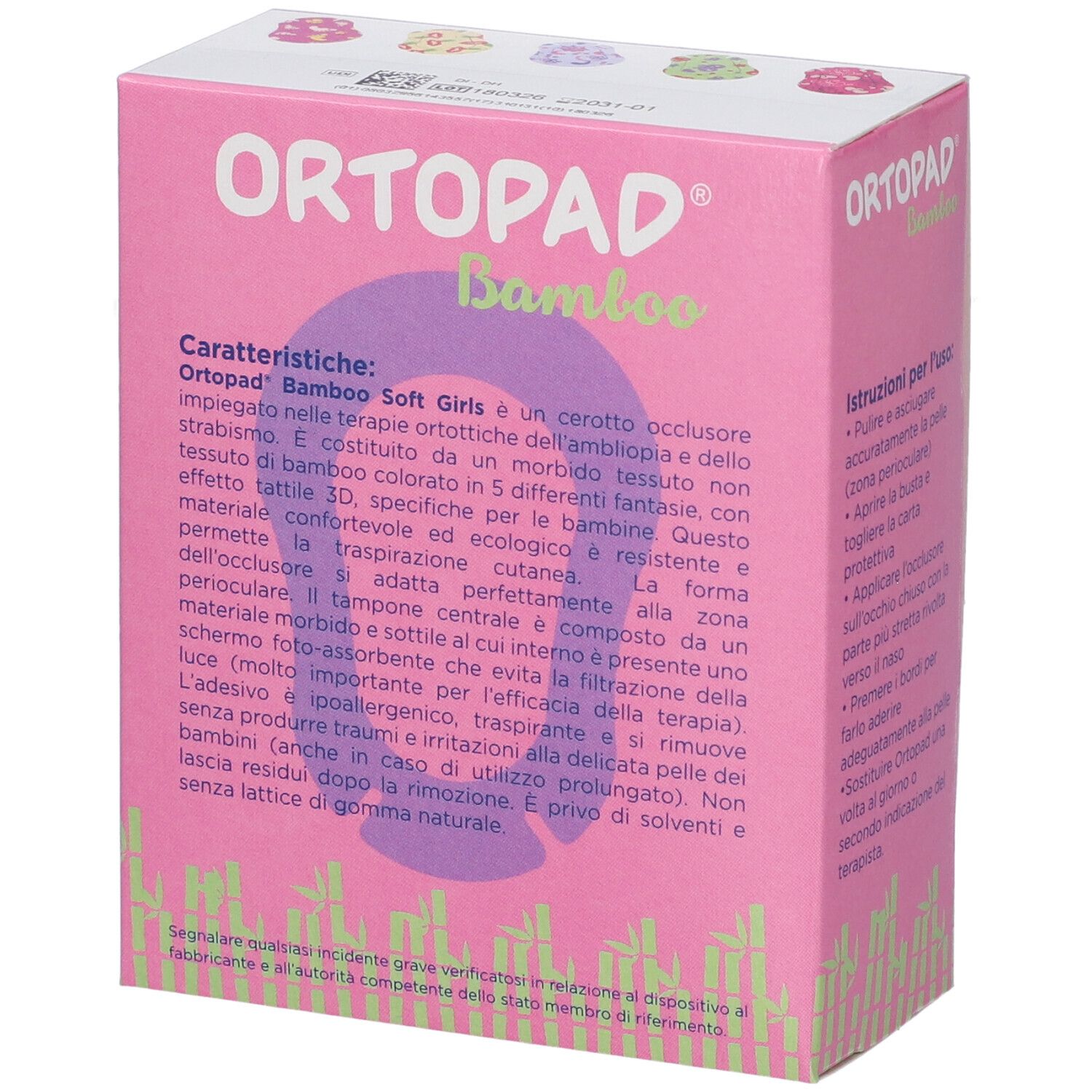 Verpackung für Augenpflaster für Kinder, rosa mit bunten Motiven.