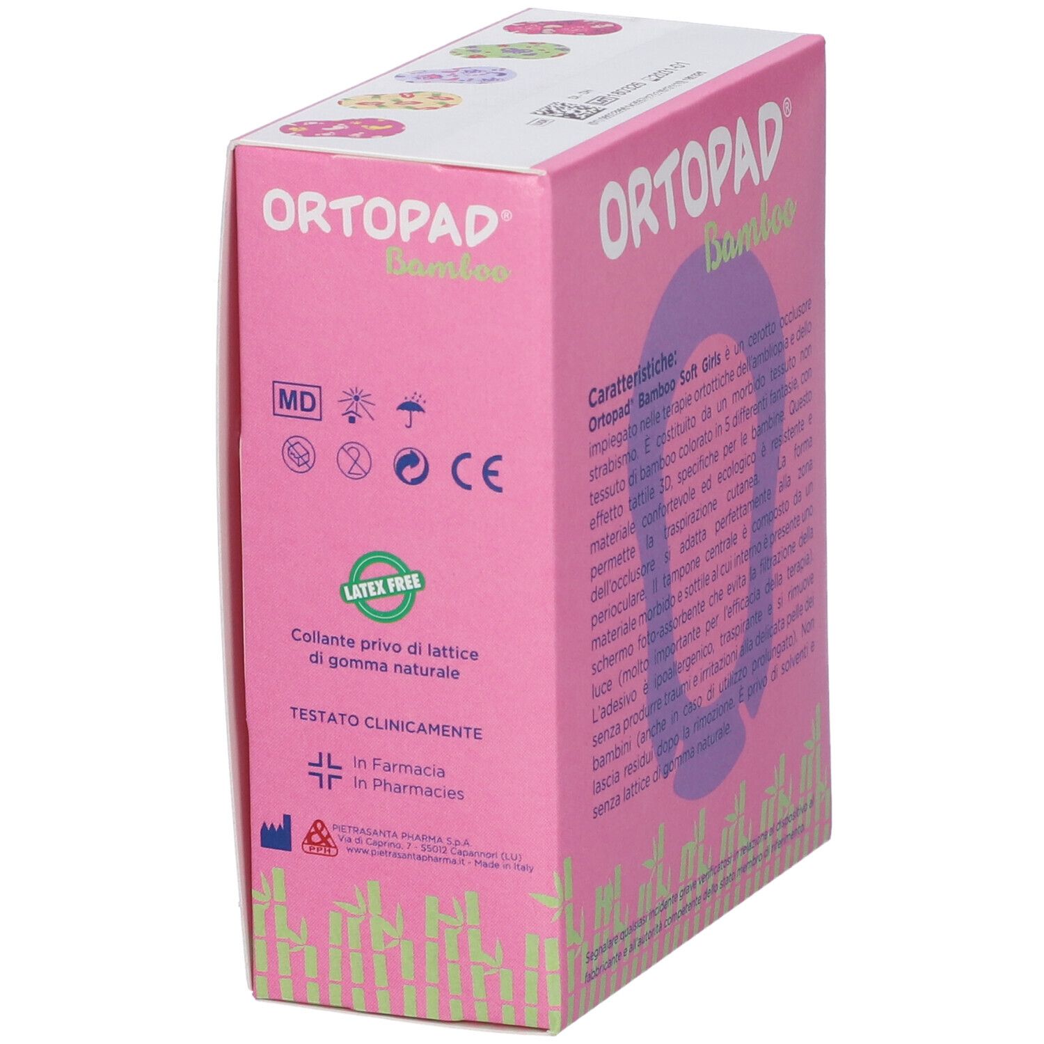 Verpackung für Augenpflaster für Kinder, rosa mit bunten Motiven.