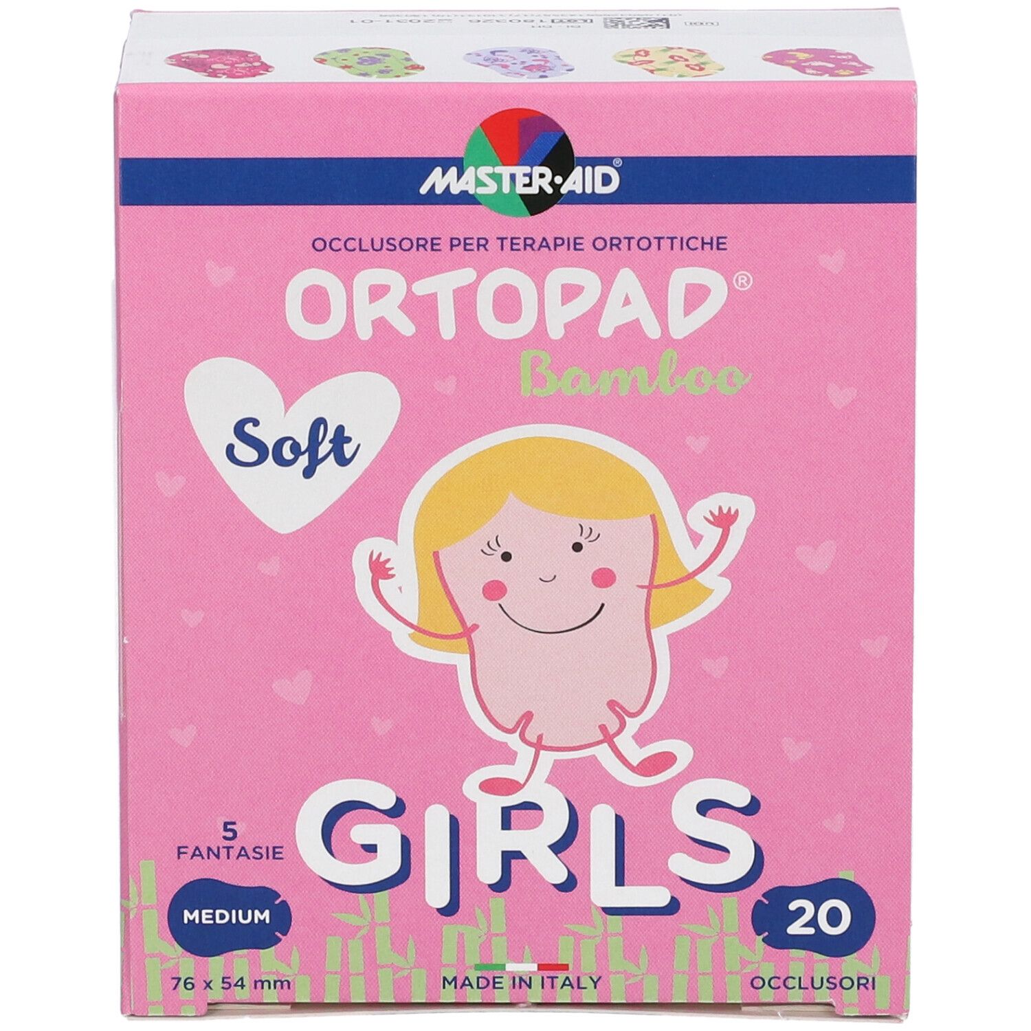 Verpackung für ORTOPAD Bamboo Soft Girls Okklusionspflaster, 20 Stück, Medium, 76 x 54 mm.