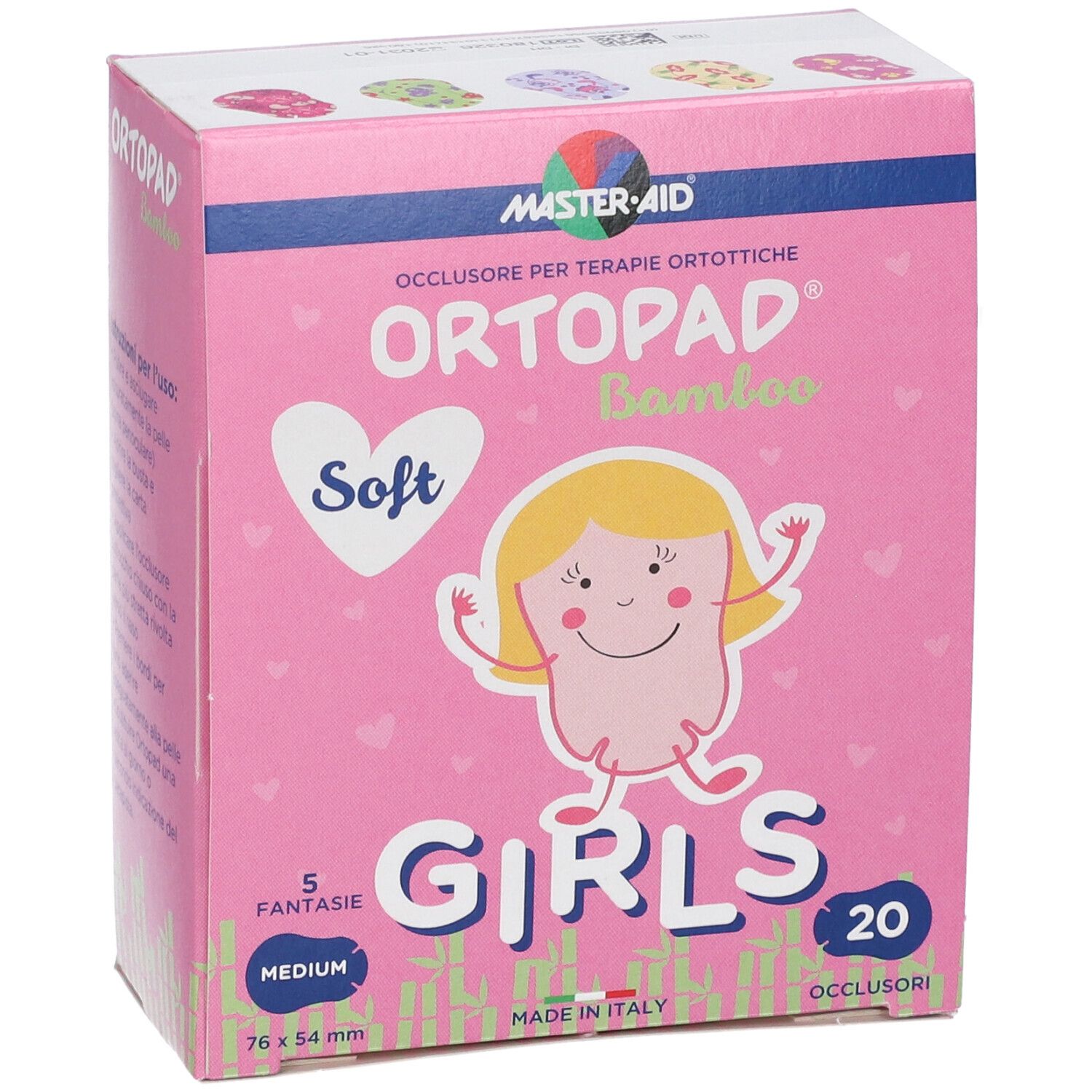 Verpackung für ORTOPAD Bamboo Soft Girls Okklusionspflaster, 20 Stück, Regular, 85 x 59 mm.