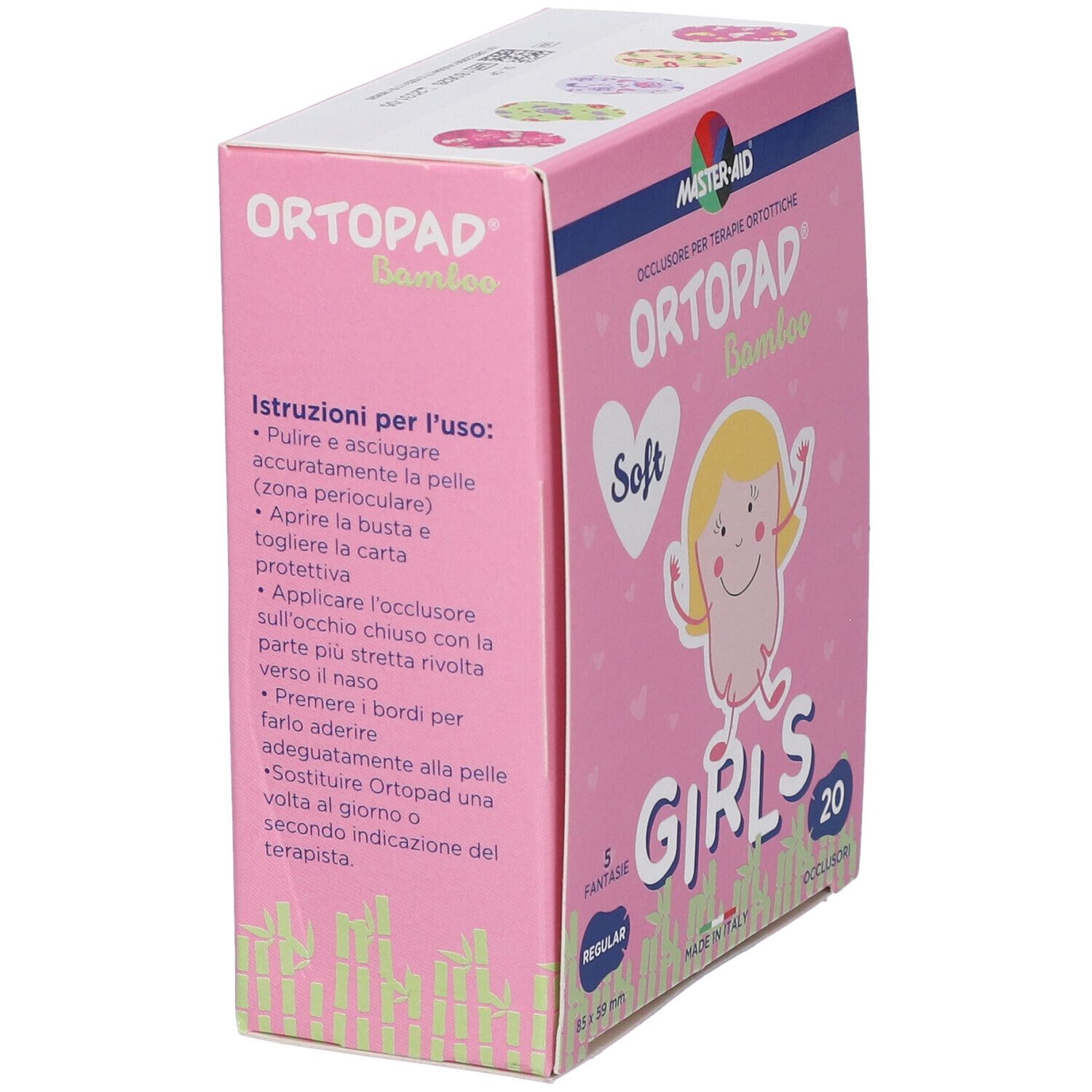 Verpackung für "ORTOPAD bambu" Augenpflaster für Mädchen, rosa mit Illustrationen.