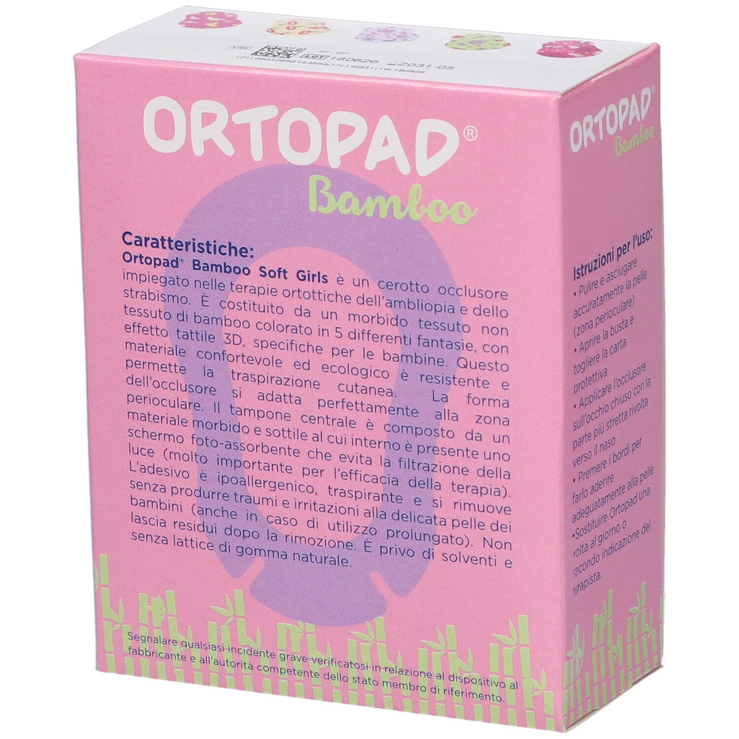 Ortopad Bamboo Soft Girls Packung, 5 Fantasien, 20 Okklusoren, 85x59mm.