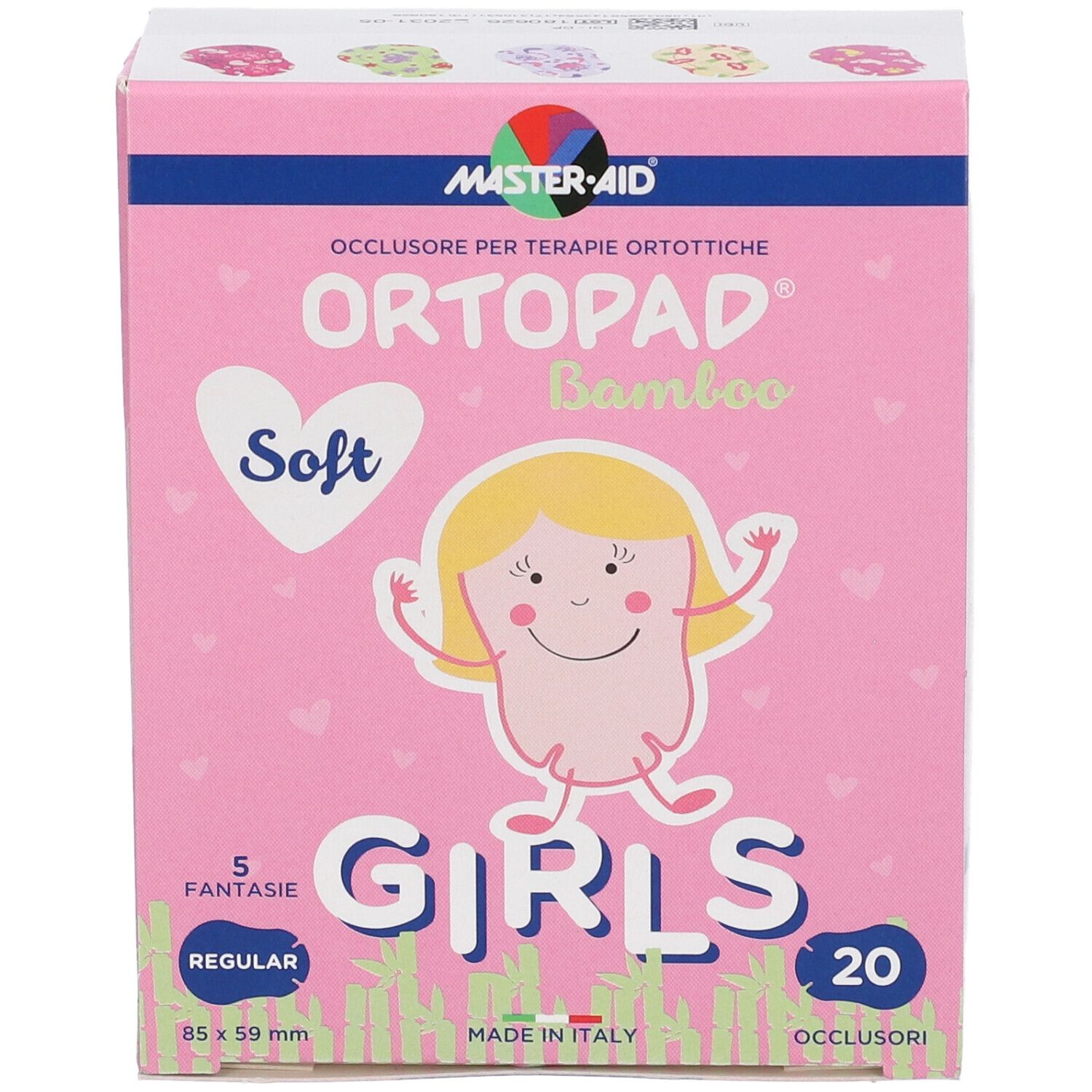 Ortopad Bamboo Soft Girls Packung, 5 Fantasien, 20 Okklusoren, 85x59mm.