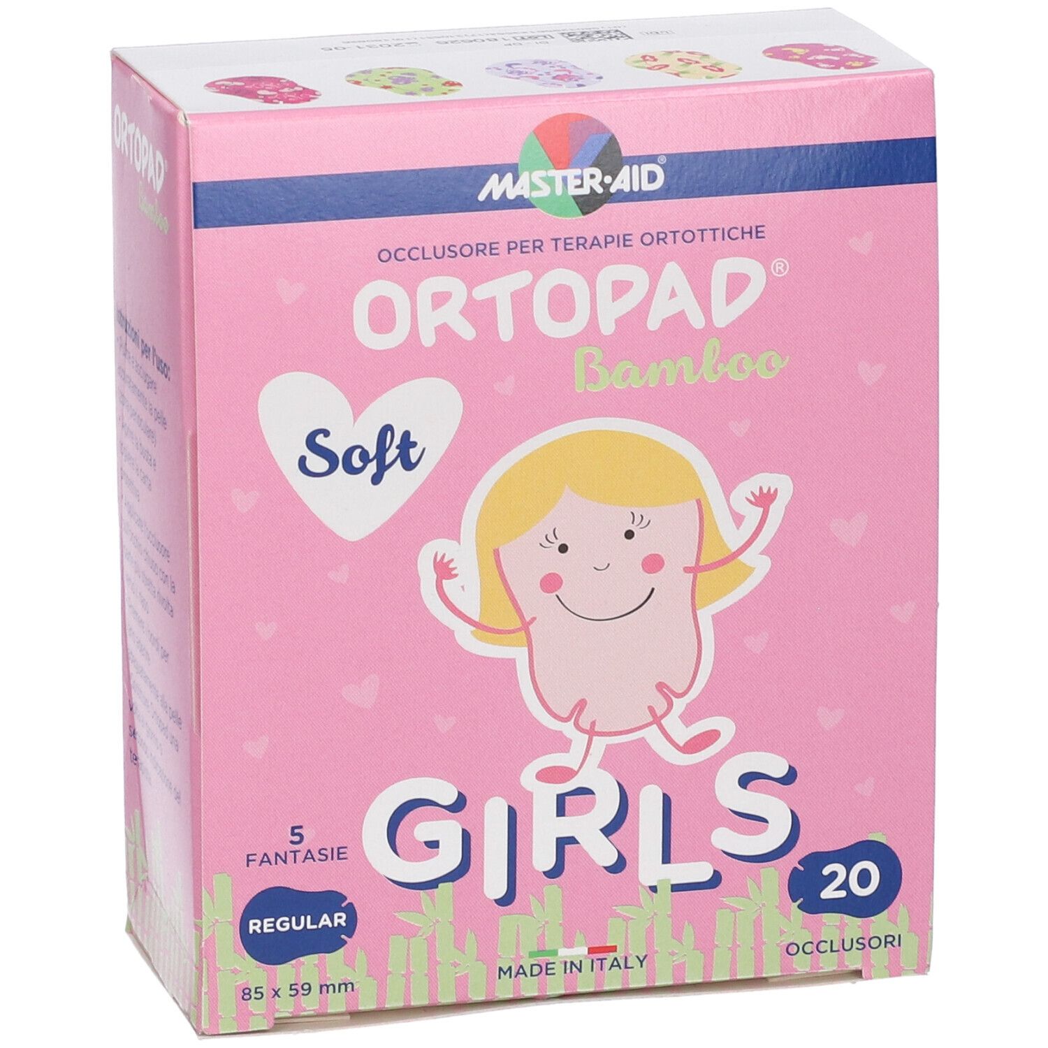 Verpackung für 20 Ortapad Bamboo Soft Girls Okklusionspflaster, 85 x 59 mm.