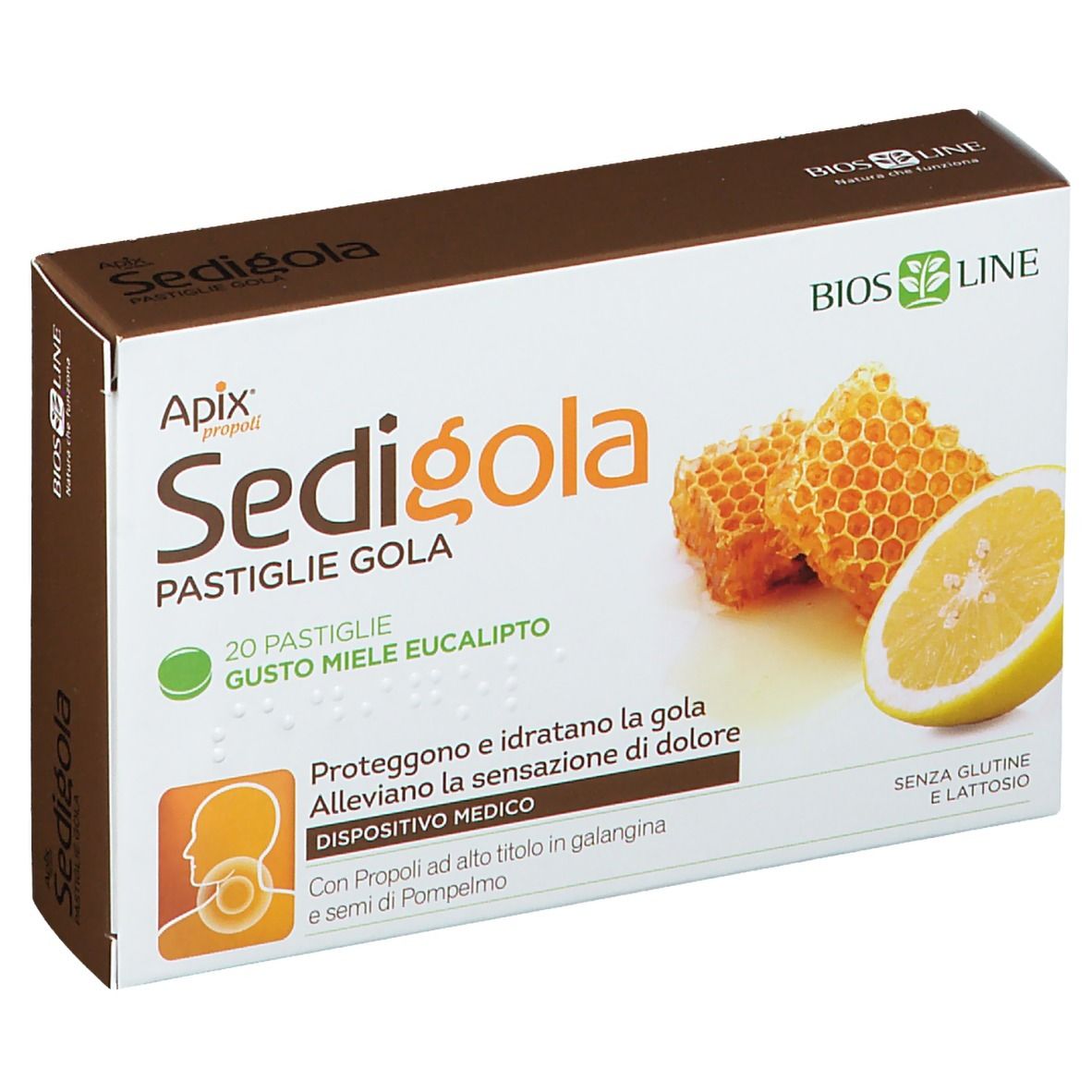 Scatola di pastiglie per la gola Sedigola, favo e limone. Testo e logo.