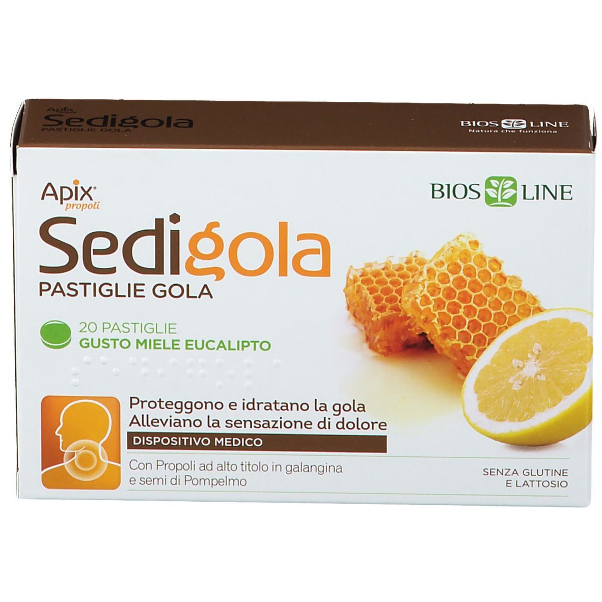 Scatola di pastiglie per la gola Sedigola, favo e limone. Testo e logo.