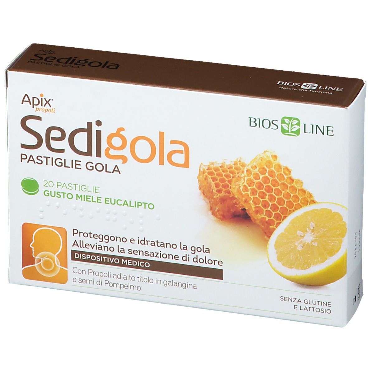 Scatola di pastiglie per la gola Sedigola, favo e limone. Testo e logo.