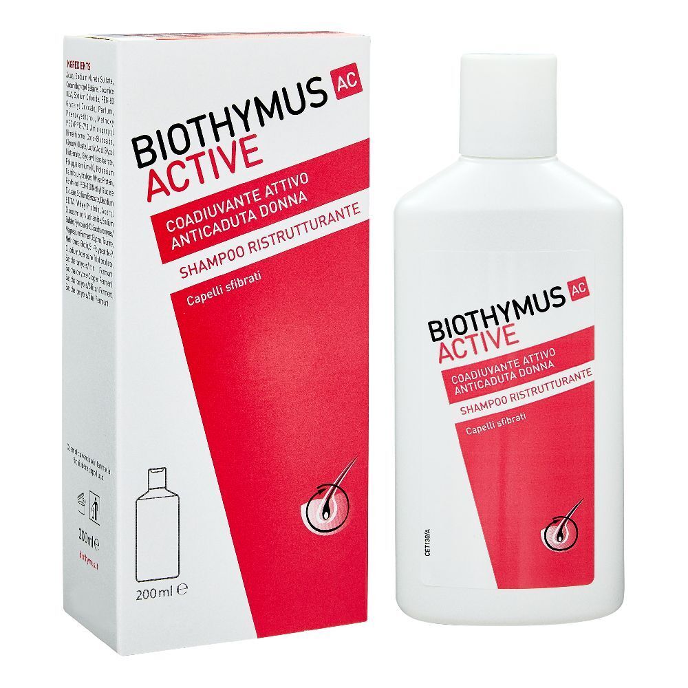 Flacone e scatola di shampoo bianchi. Scritta: Biothymus AC Active, Coadiuvante Anticaduta Donna, Shampoo Ristrutturante.