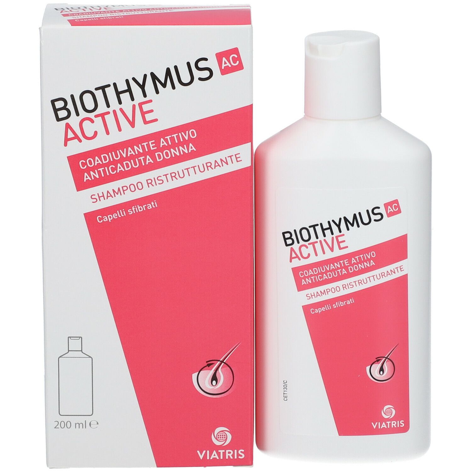 Flacone e scatola di shampoo bianchi. Scritta: Biothymus AC Active, Coadiuvante Anticaduta Donna, Shampoo Ristrutturante. Logo Viatris.