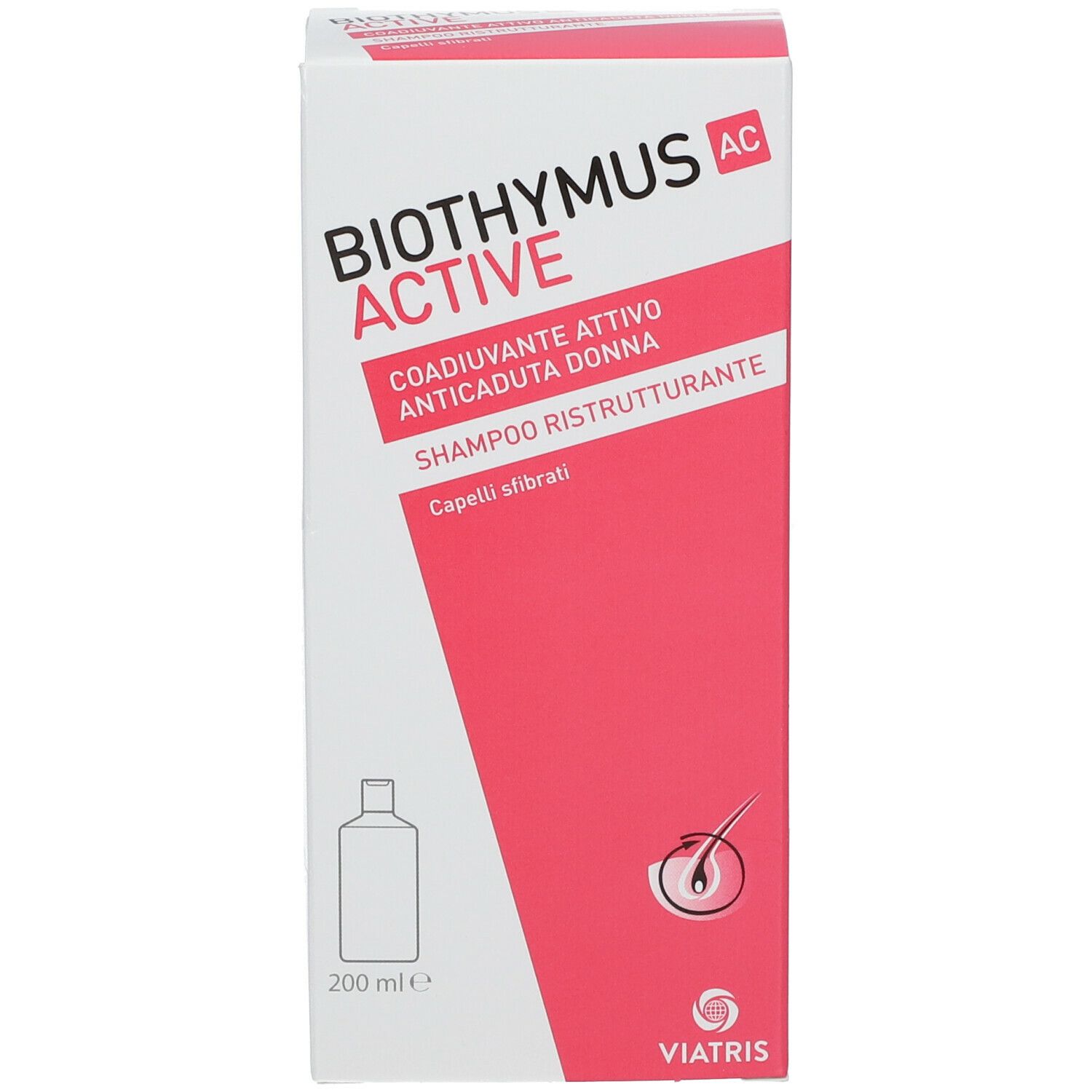 Scatola con scritta: Biothymus AC Active, Coadiuvante Anticaduta Donna, Shampoo Ristrutturante. Logo Viatris. 200 ml.