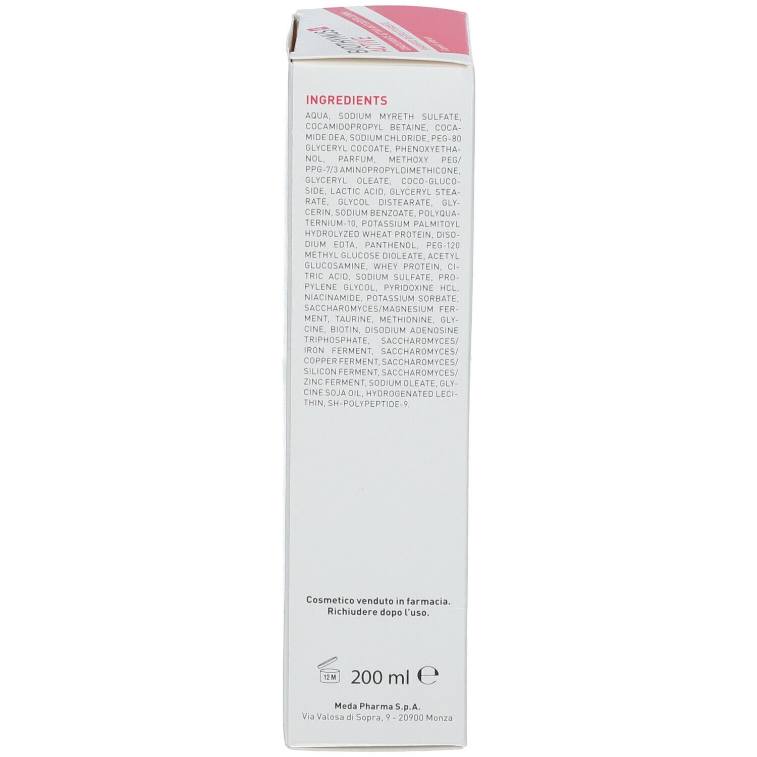 Scatola con ingredienti. Testo: Aqua, Sodium Myreth Sulfate, Cocamidopropyl Betaine, etc. 200 ml. Logo Viatris.