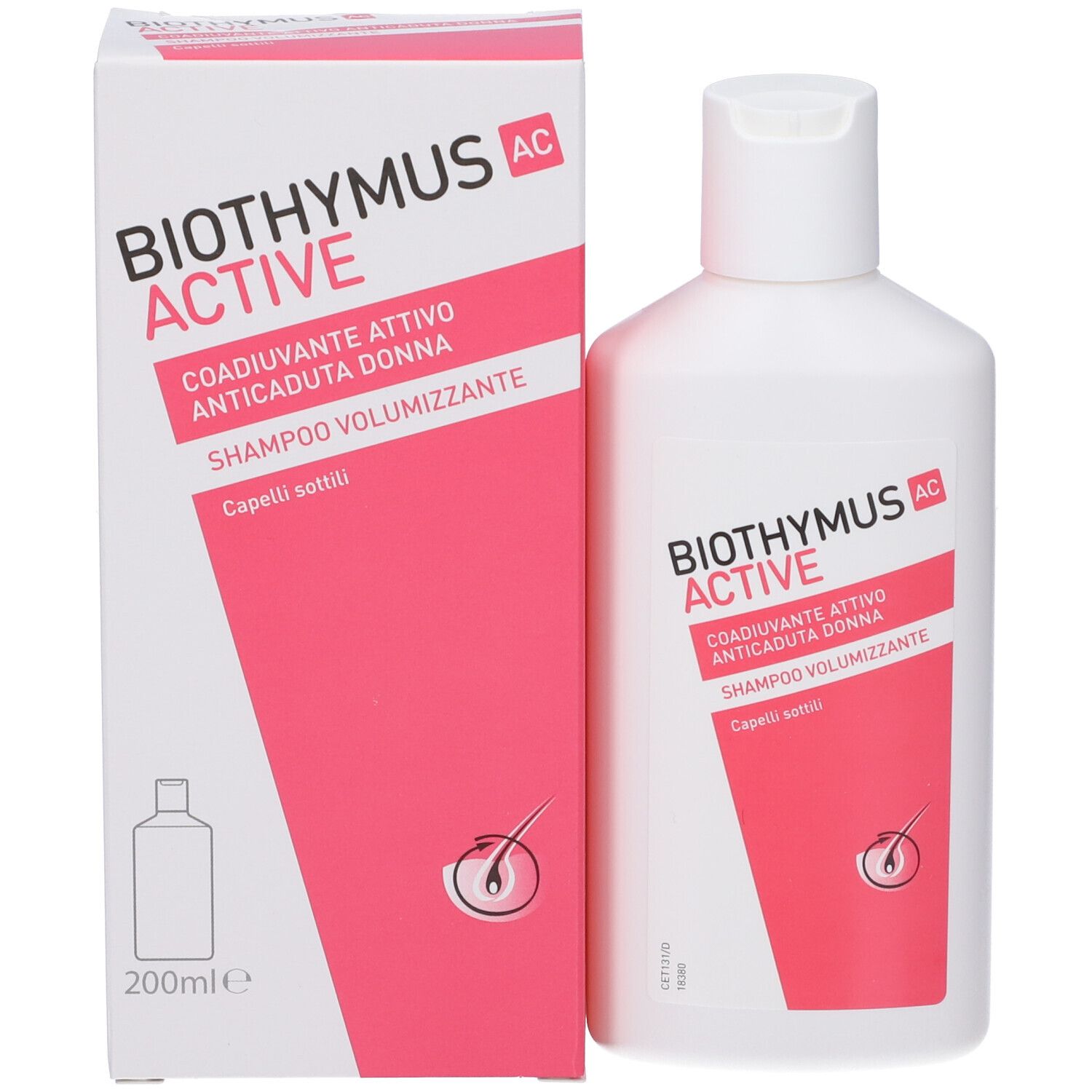 Produktflasche und Verpackung. Aufdruck: BIOTHYMUS AC ACTIVE, rosa Streifen mit Text. Haarsymbol. 200ml.