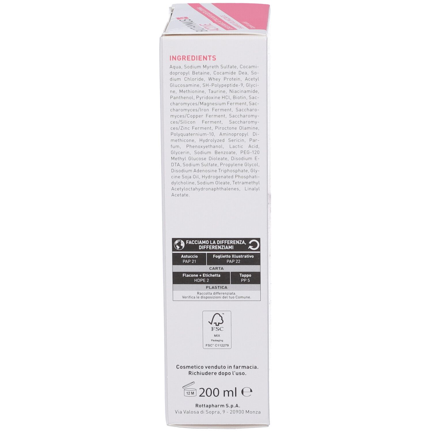 Weiße Produktverpackung mit Inhaltsstoffliste, Recycling-Symbolen und 200 ml Angabe.