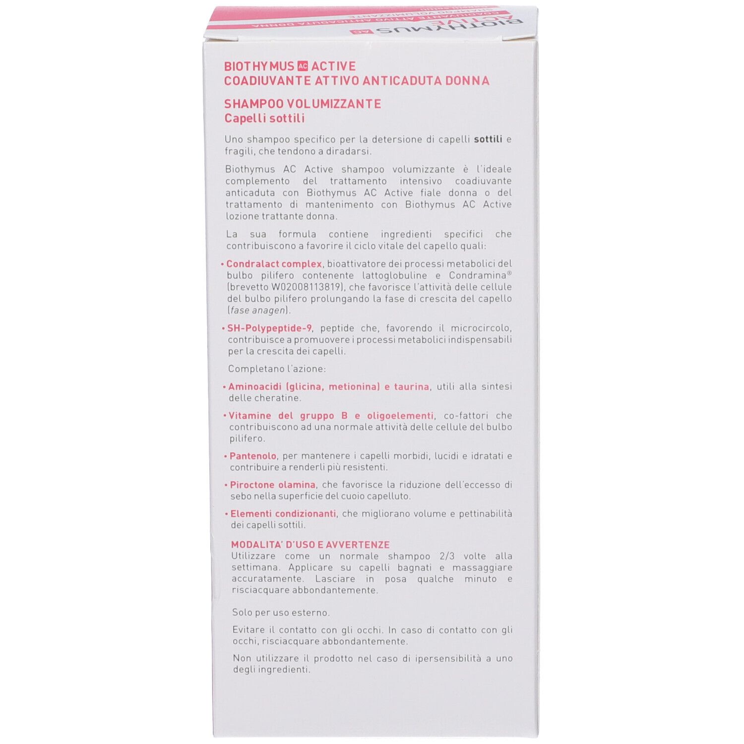 Weiße Verpackung mit Text. Aufdruck: BIOTHYMUS AC ACTIVE, rosa Streifen mit Text. Text über Shampoo und Inhaltsstoffe.