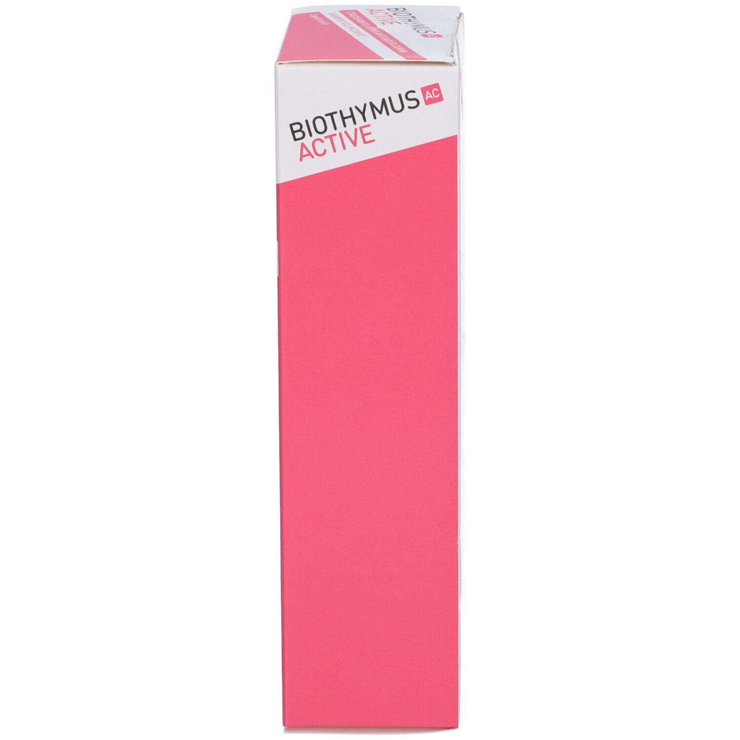 Schmale, weiße Verpackung. Aufdruck: BIOTHYMUS AC ACTIVE, rosa Streifen mit Text. Haarsymbol.