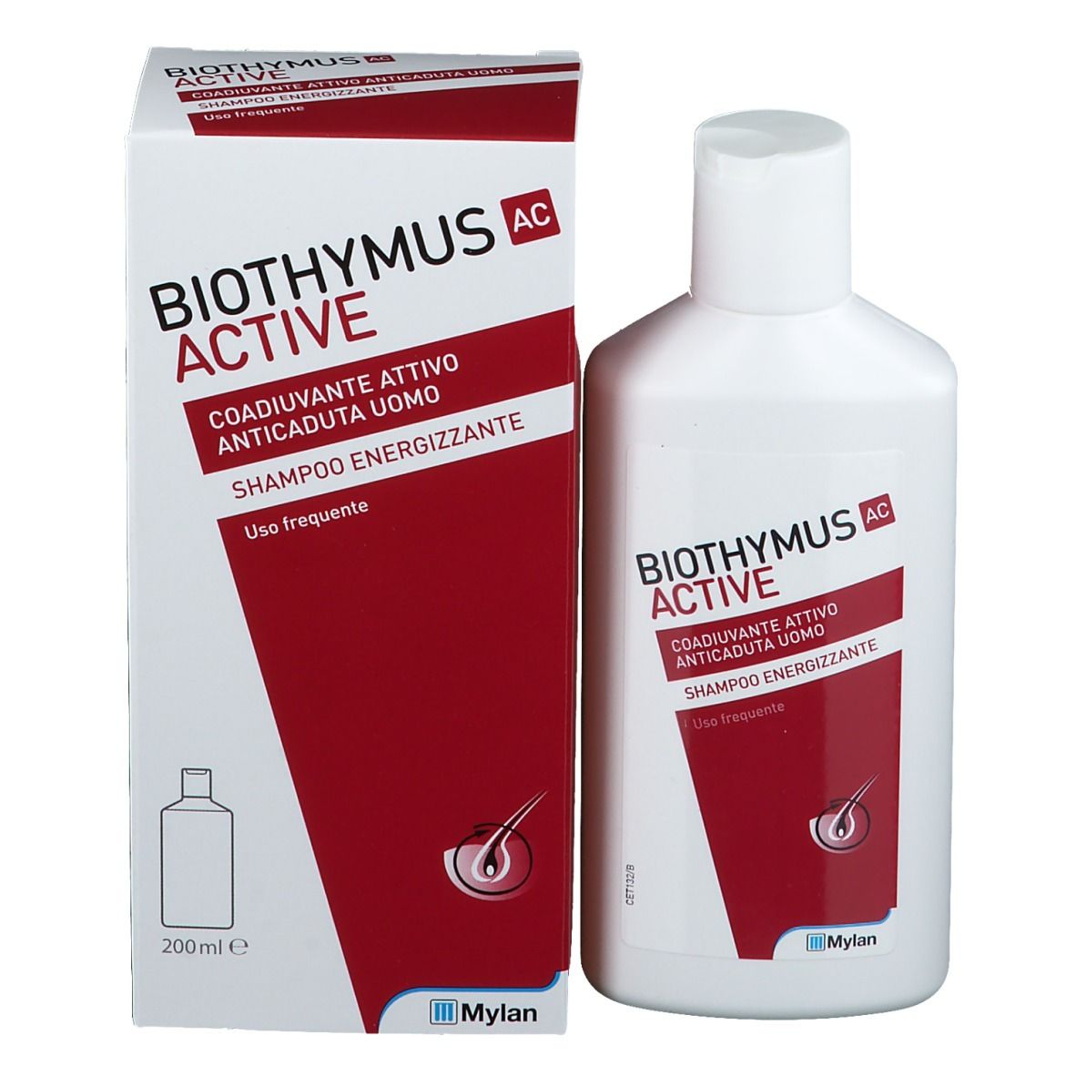Confezione e flacone. Confezione: bianca con etichetta rossa. Flacone: bianco con etichetta rossa. Scritta: BIOTHYMUS ACTIVE.