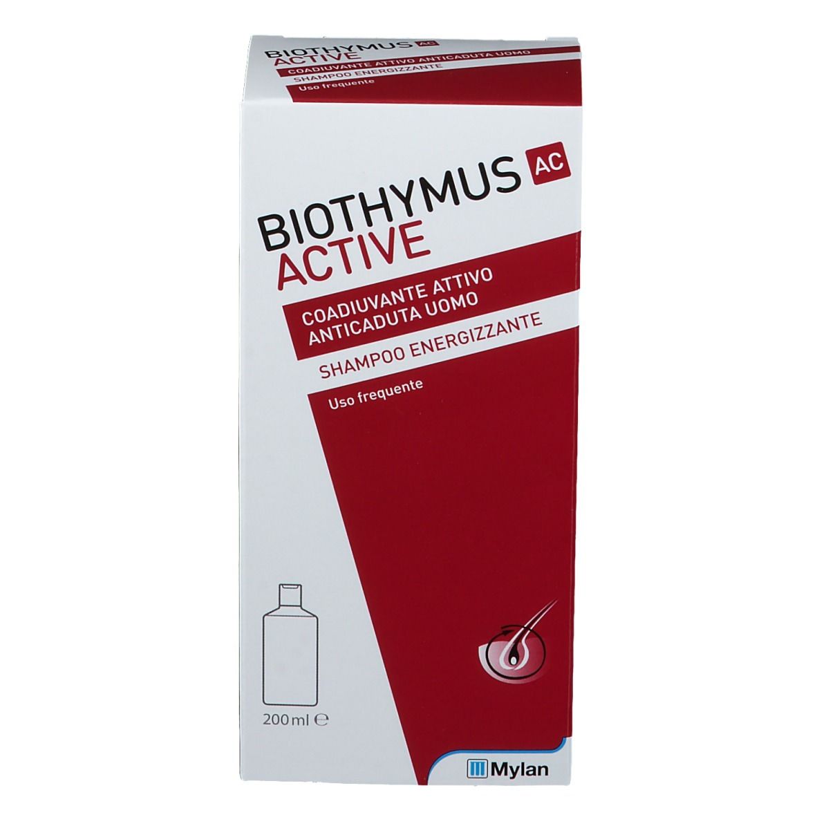 Confezione del prodotto. Bianca con etichetta rossa. Scritta: BIOTHYMUS ACTIVE, Coadiuvante attivo anticaduta uomo, Shampoo energizzante.