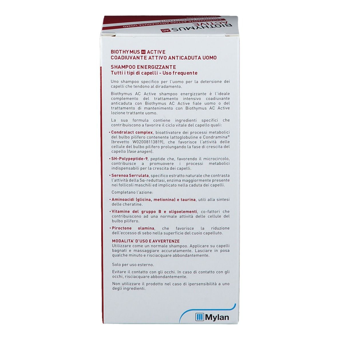 Confezione del prodotto. Testo in italiano. Scritta: BIOTHYMUS ACTIVE, Coadiuvante attivo anticaduta uomo, Shampoo energizzante.