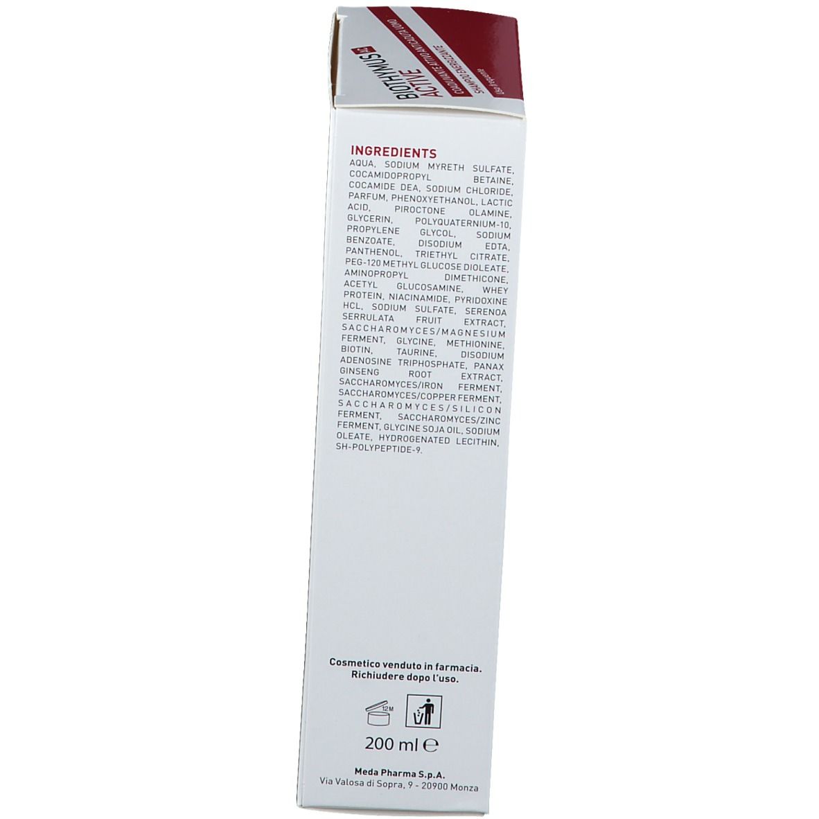 Confezione del prodotto. Testo in italiano. Scritta: Ingredienti, 200 ml.