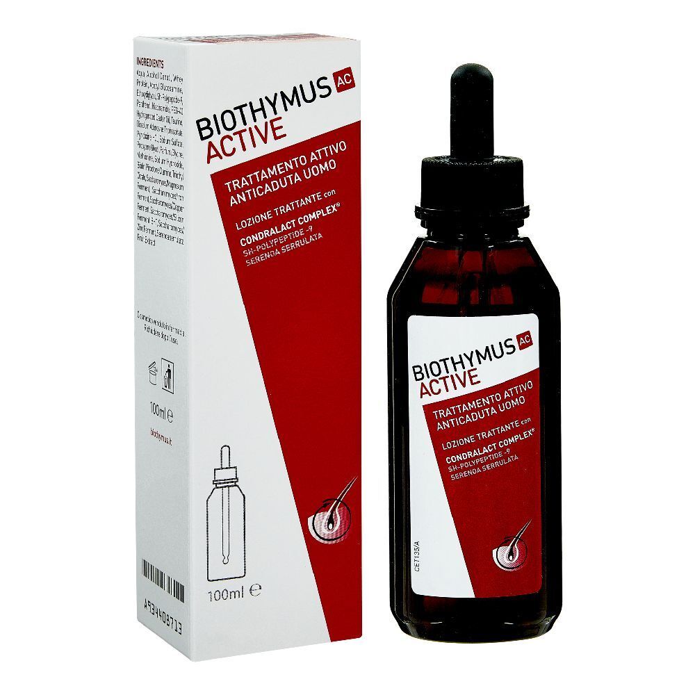 Braune Flasche mit schwarzem Deckel und Pipette. Rote und weiße Verpackung mit Produktnamen und Text. 100ml.