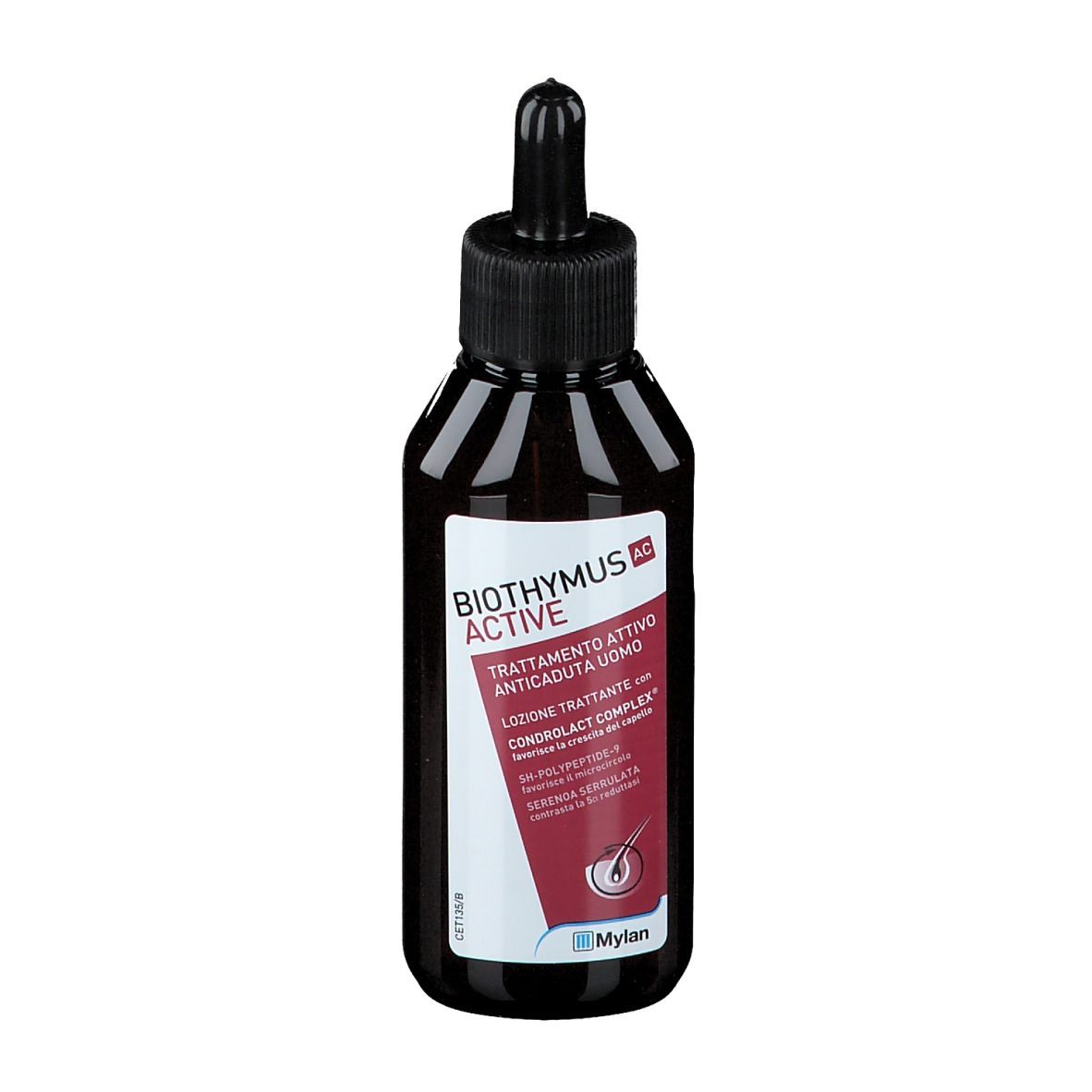 Braune Flasche mit schwarzem Deckel und Pipette. Produktname und Text auf rotem Hintergrund. Mylan Logo.