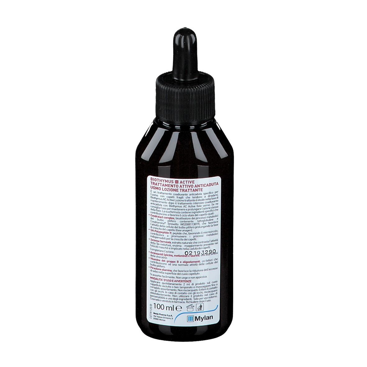 Rückseite der braunen Flasche mit Text. Schwarzer Deckel mit Pipette. 100ml. Mylan Logo.