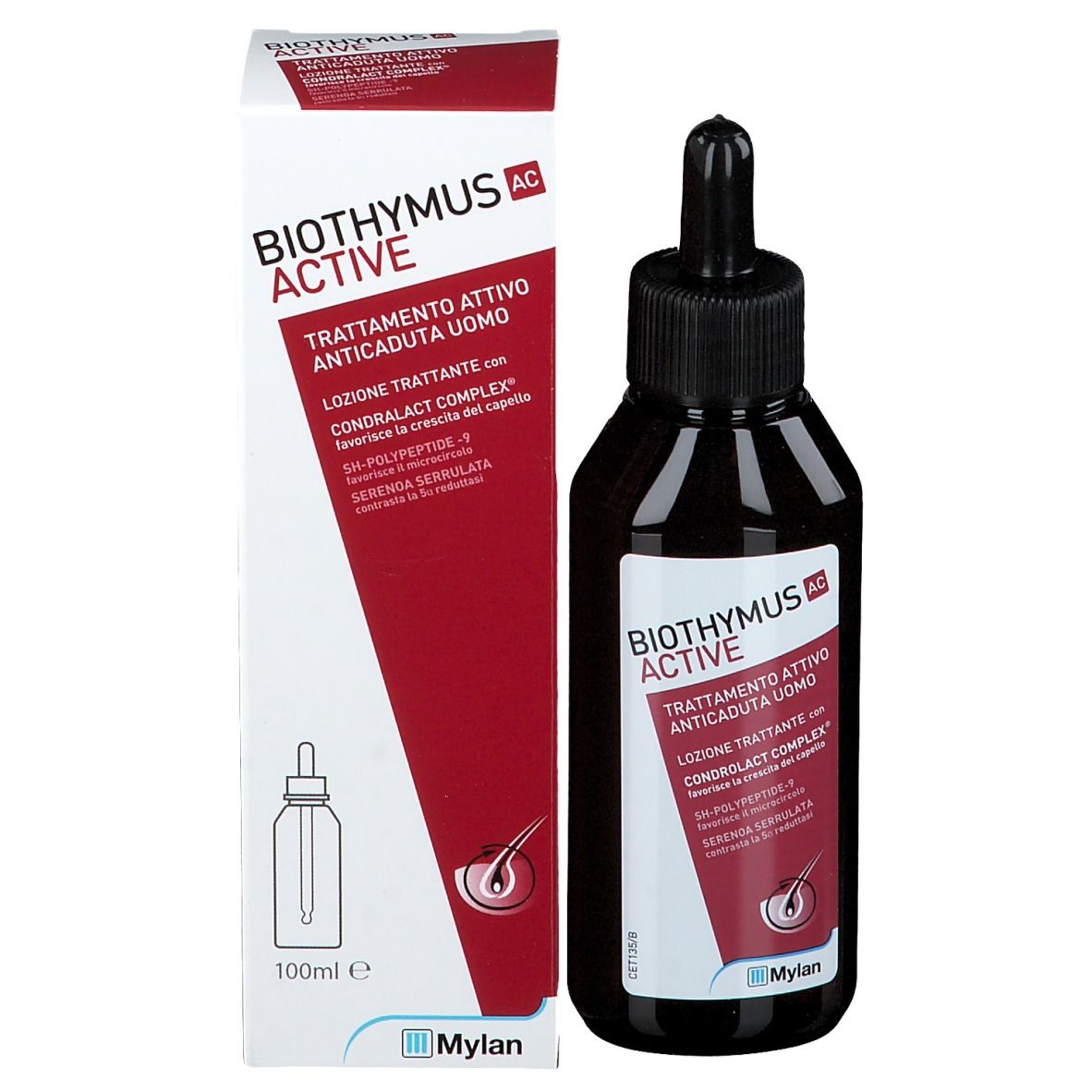 Braune Flasche mit schwarzem Deckel und Pipette. Produktname und Text auf rotem Hintergrund. Mylan Logo.