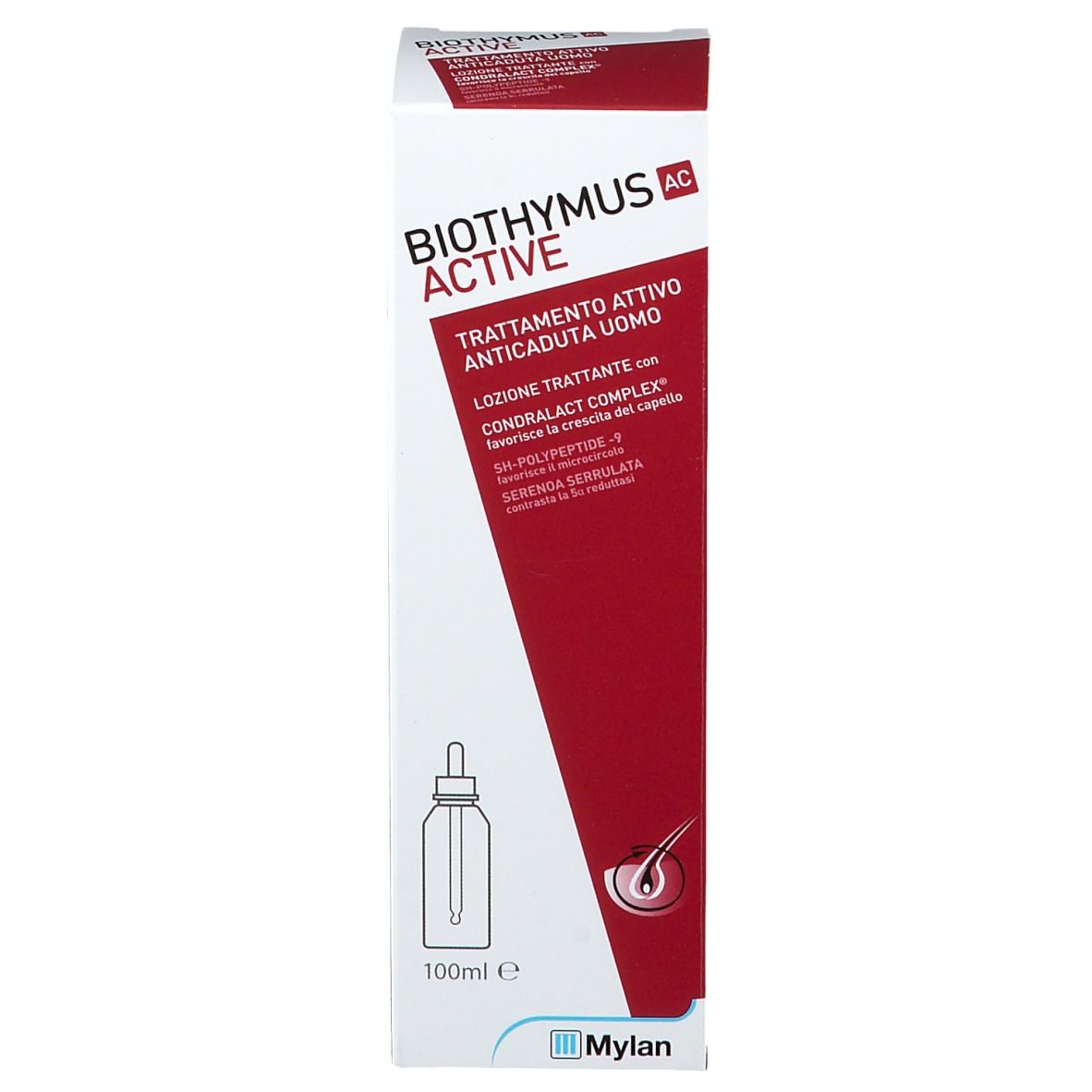 Weiße Verpackung mit rotem Streifen. Produktname und Text. 100ml. Mylan Logo.