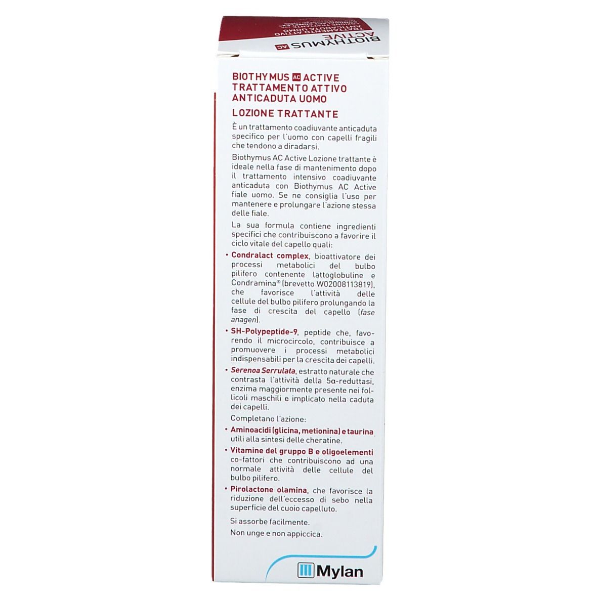 Verpackung mit rotem Streifen. Produktname und Text. Text über Inhaltsstoffe. Mylan Logo.