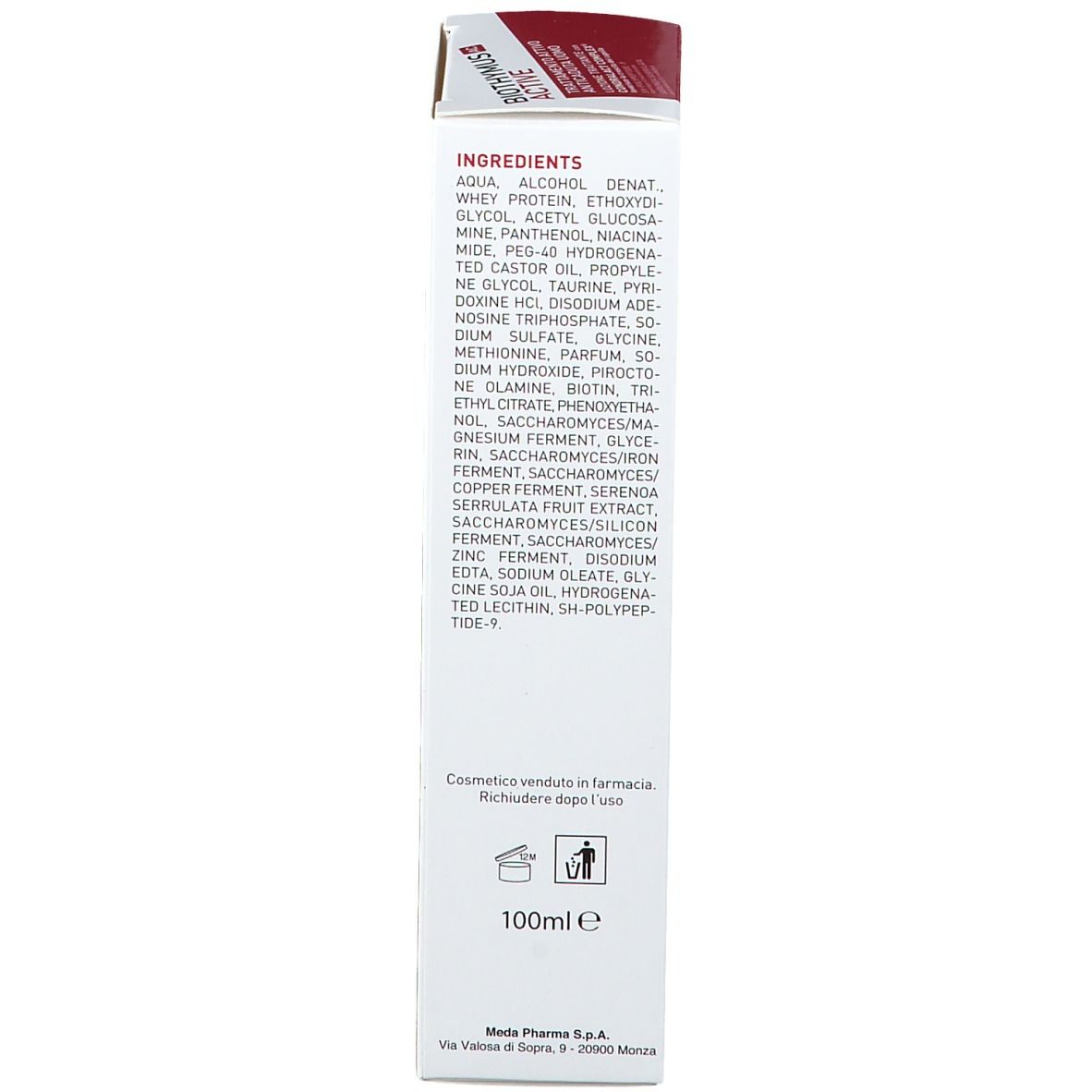 Verpackung mit rotem Streifen. Produktname und Text. Text über Inhaltsstoffe. 100ml. Mylan Logo.