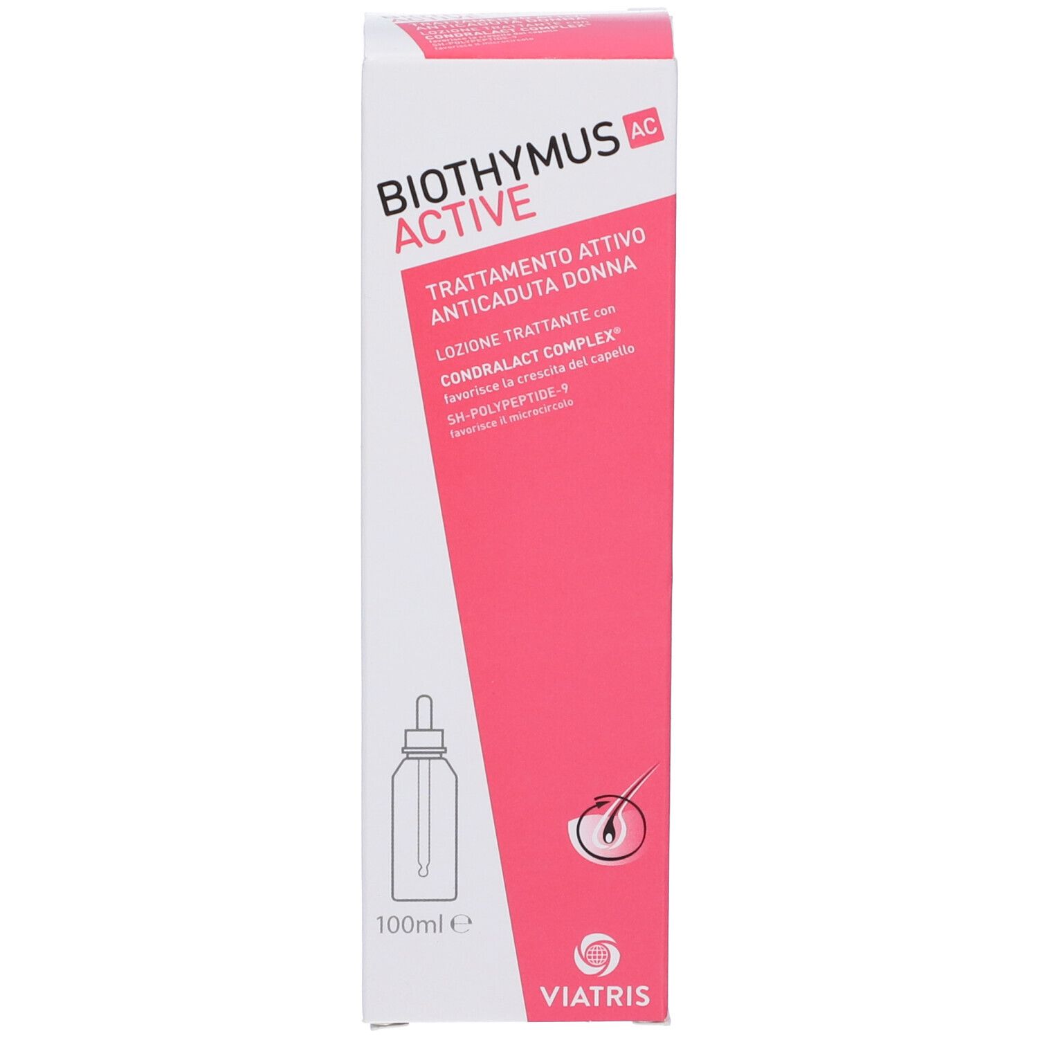 Emballage avec nom et logo du produit. Design rose et blanc. Logo Viatris. Volume : 100 ml.