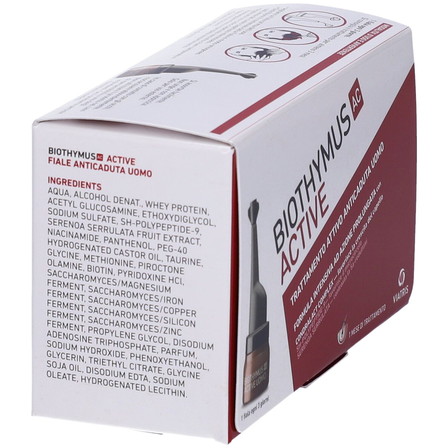 Boîte avec liste d'ingrédients et ampoule. Inscription: Biothymus AC Active.