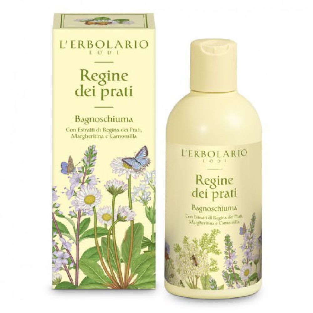 Gelbe Flasche und Schachtel. Aufschrift: L'Erbolario, Regine dei prati. Abbildung von Blumen und Schmetterlingen.