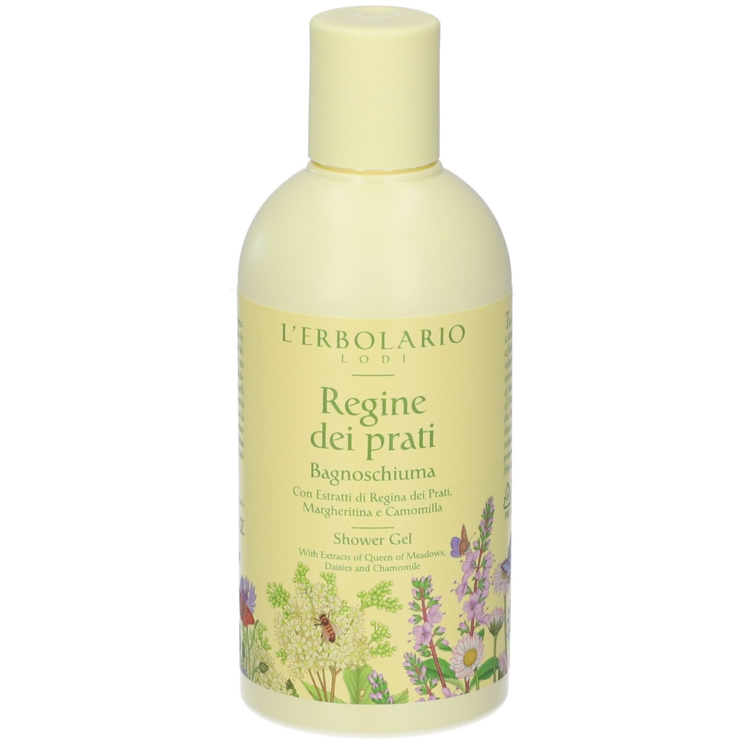 Gelbe Flasche. Aufschrift: L'Erbolario, Regine dei prati. Abbildung von Blumen und Schmetterlingen.