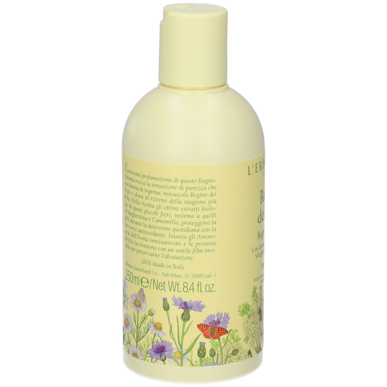 Rückseite der gelben Flasche. Text und Abbildungen von Blumen und Schmetterlingen.