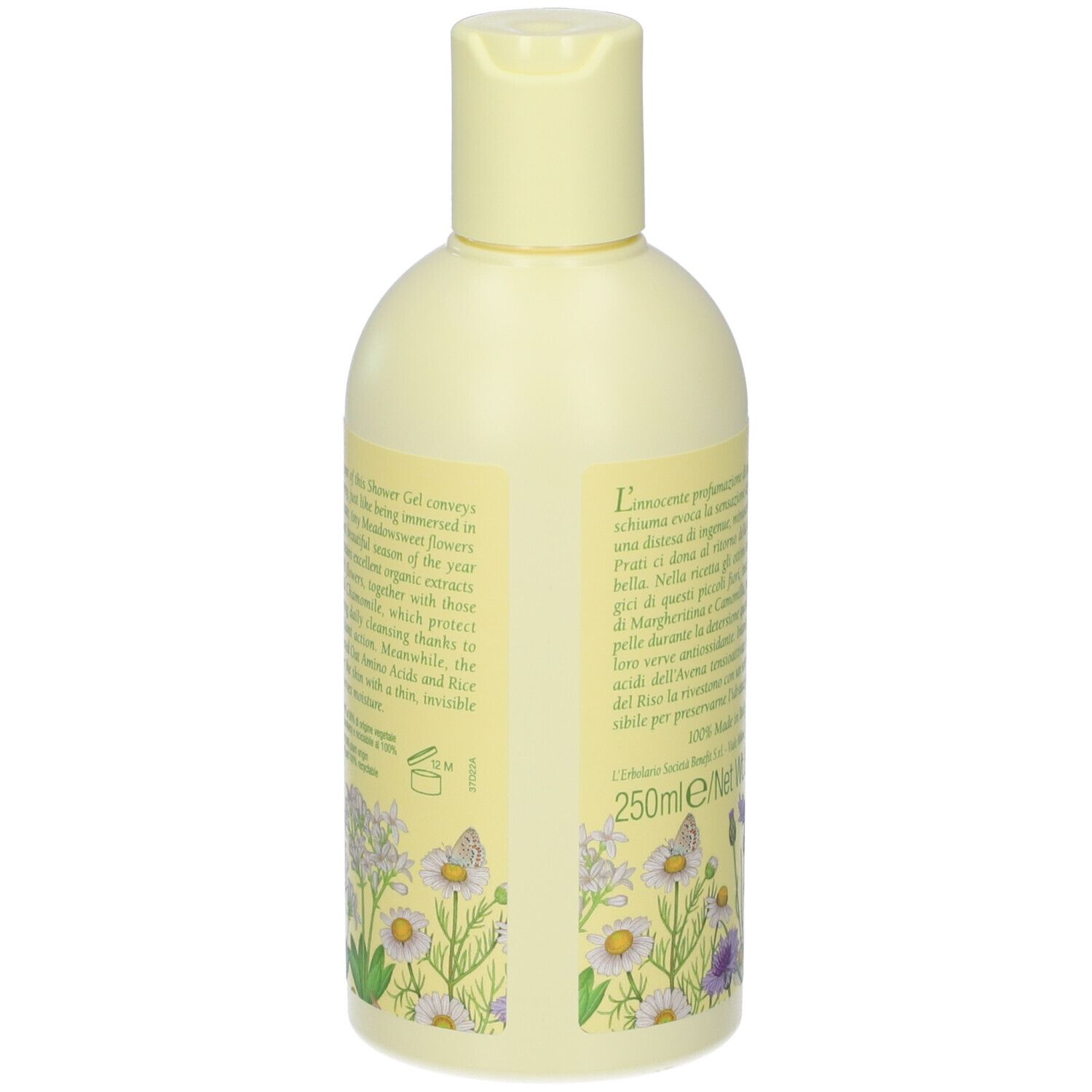Rückseite der gelben Flasche. Text und Abbildungen von Blumen und Schmetterlingen.